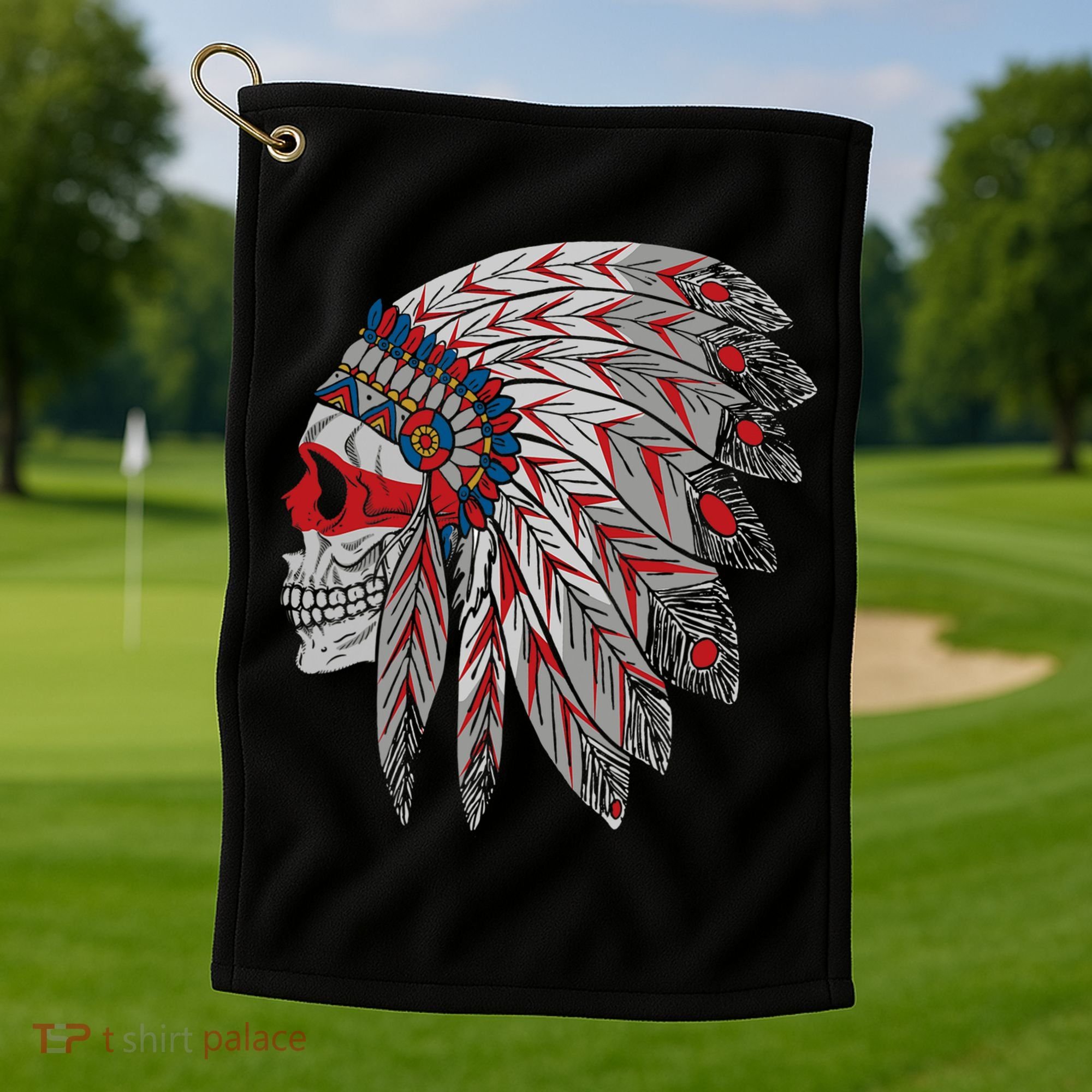 Native American Skull Feathers Golf Towel
