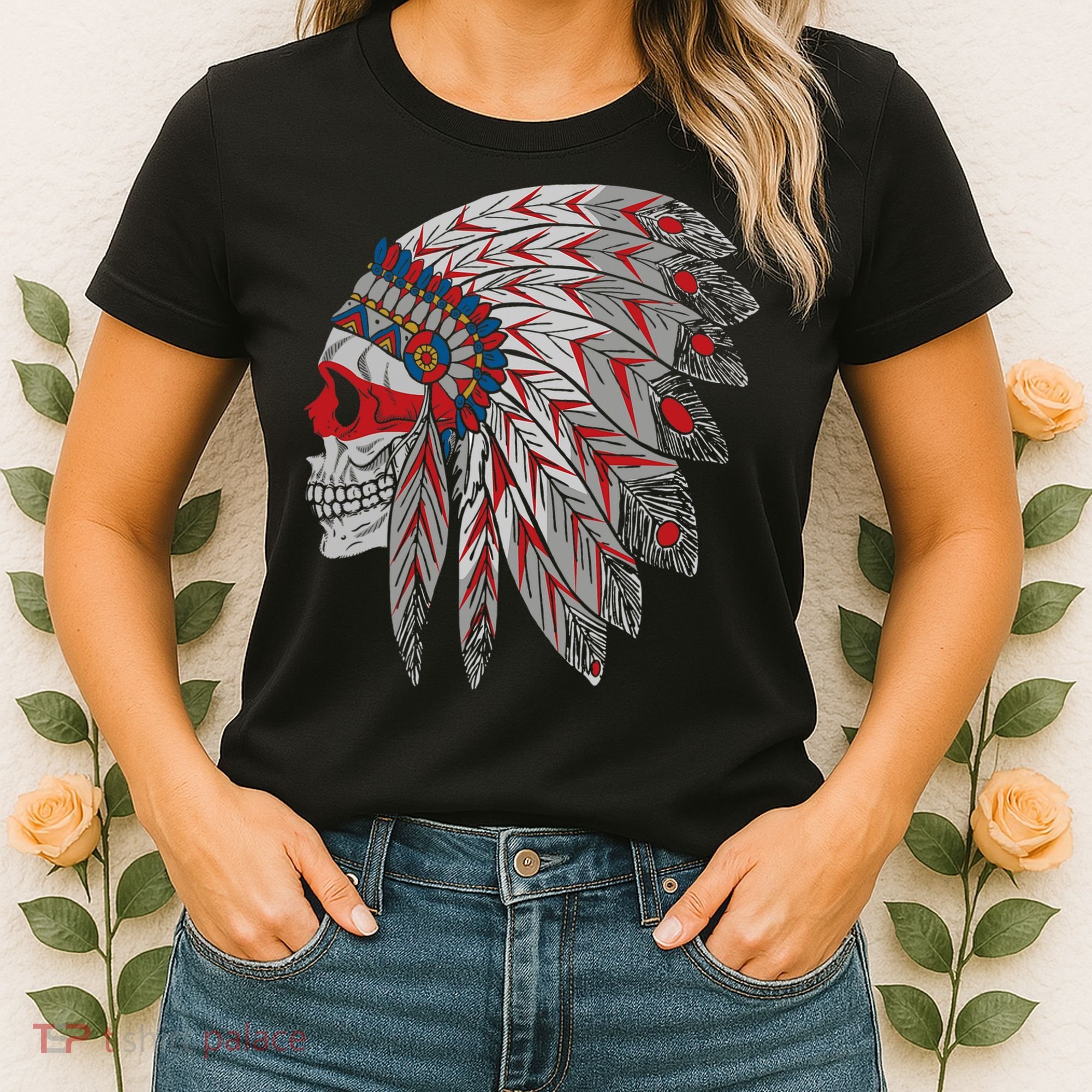 Native American Skull Feathers Women's T-Shirt