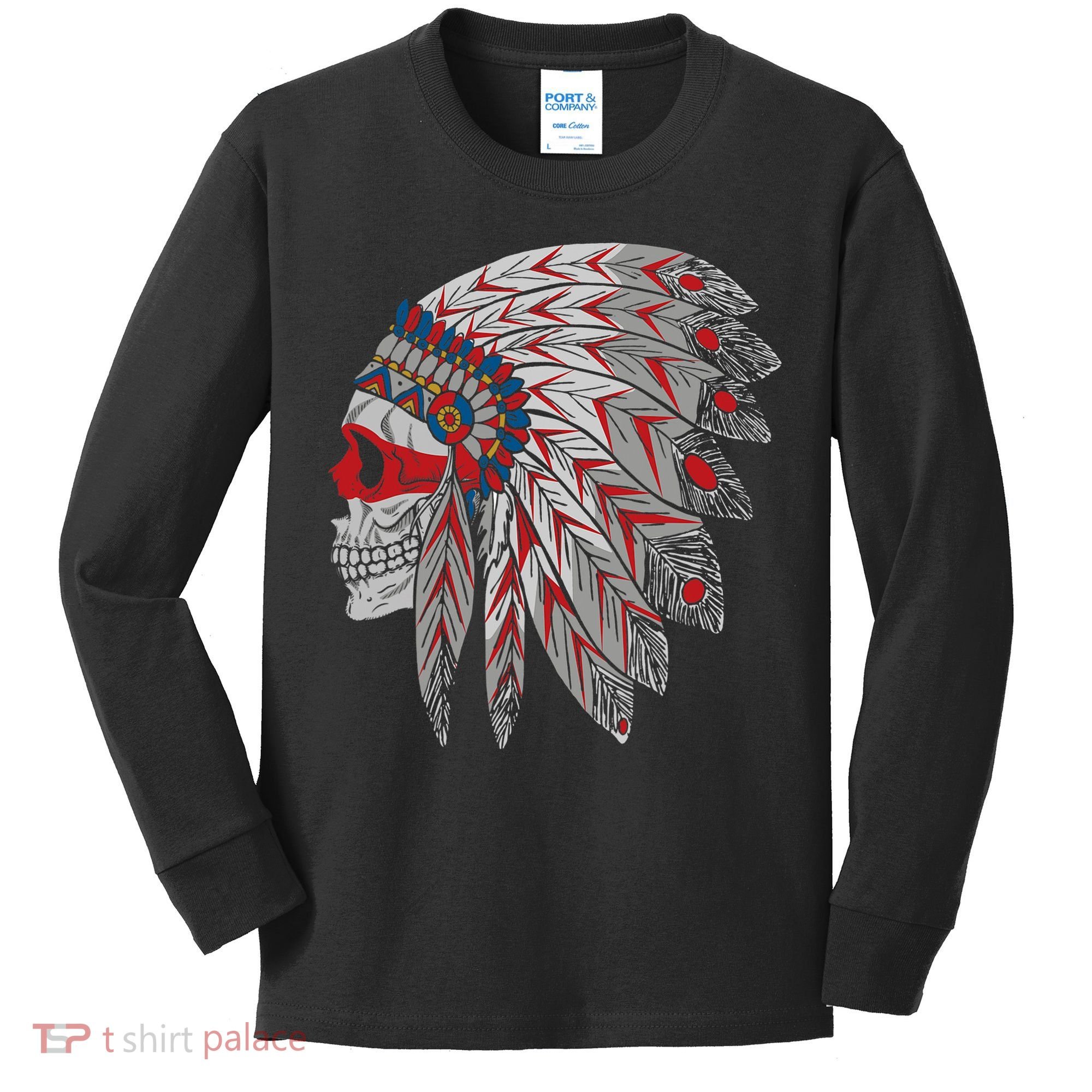 Native American Skull Feathers Kids Long Sleeve Shirt