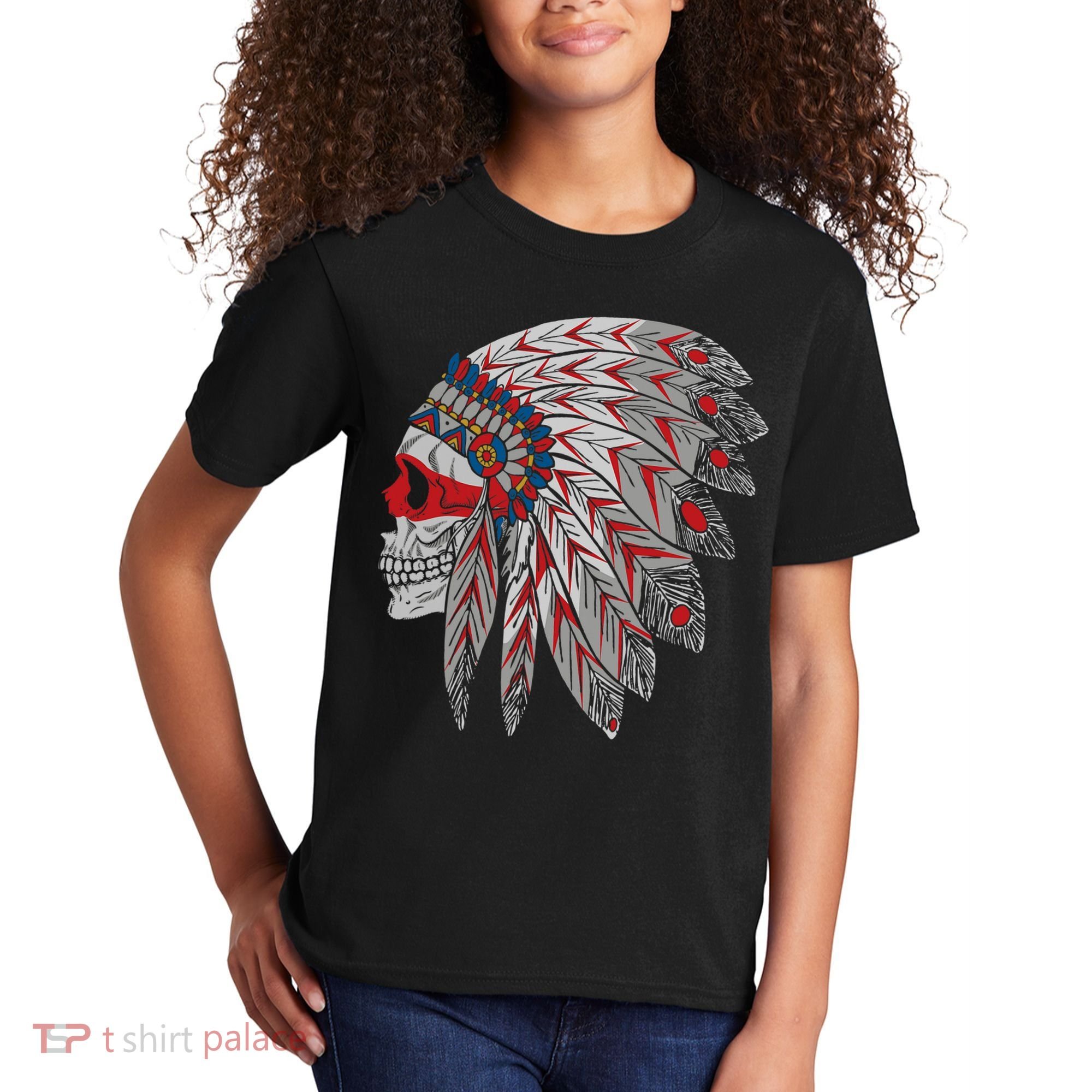 Native American Skull Feathers Kids T-Shirt