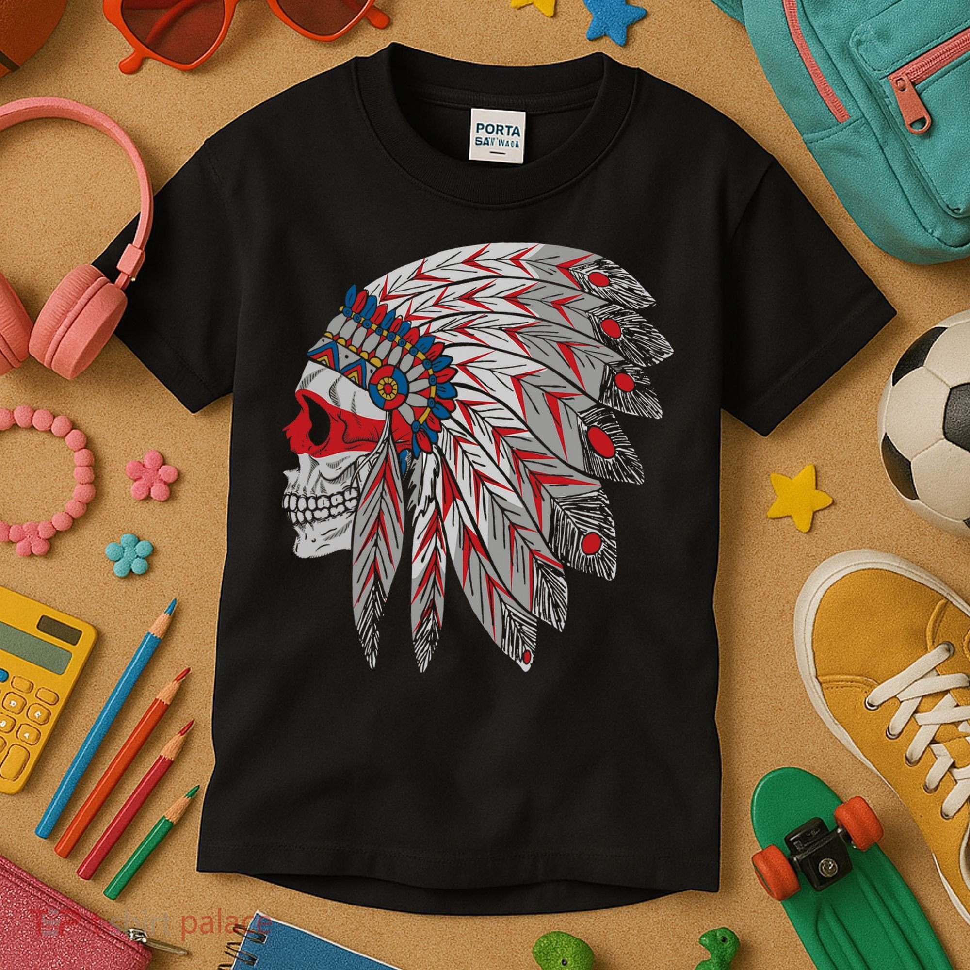 Native American Skull Feathers Kids T-Shirt