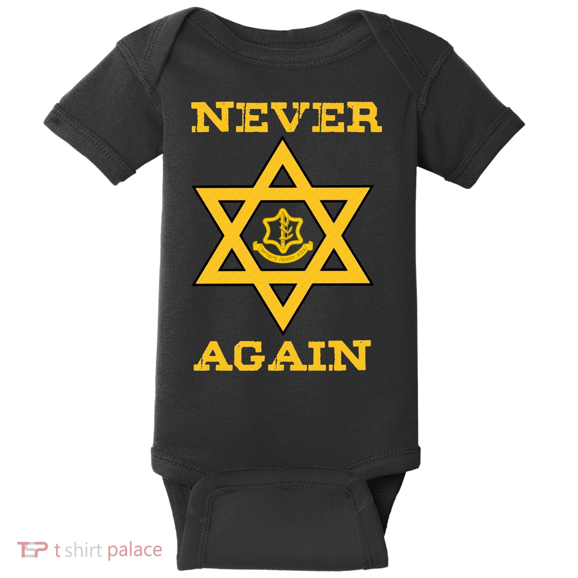 Never Again Support Israel Jewish Star Of David Idf Logo Baby Bodysuit
