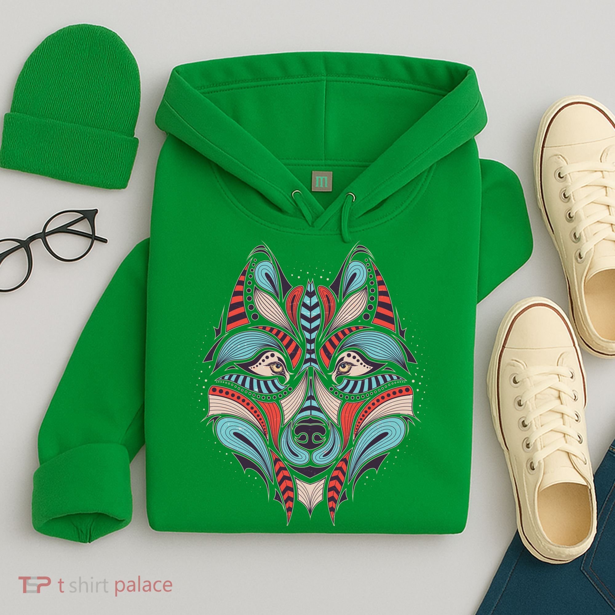 Native American Tribal Wolf Face Hoodie