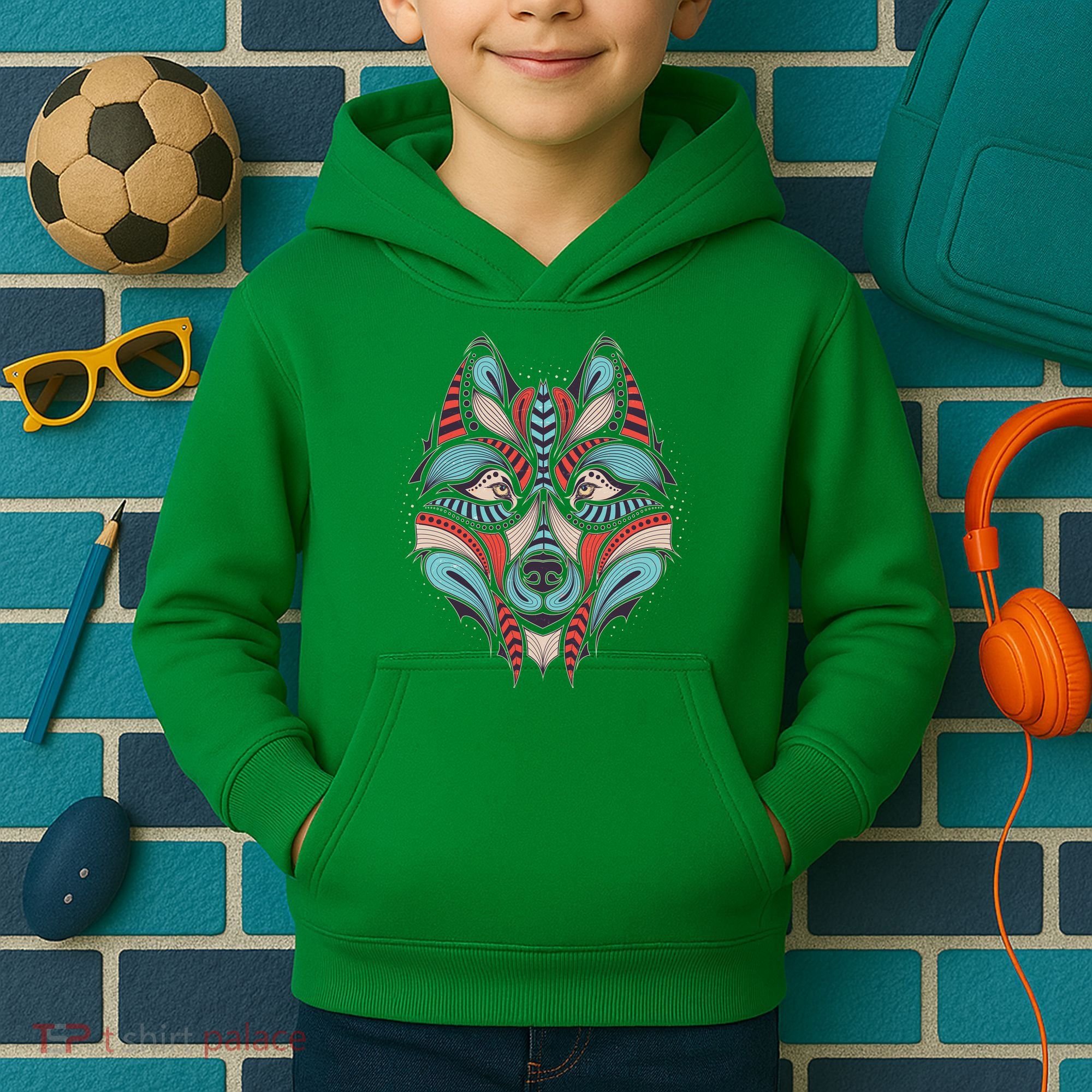 Native American Tribal Wolf Face Kids Hoodie