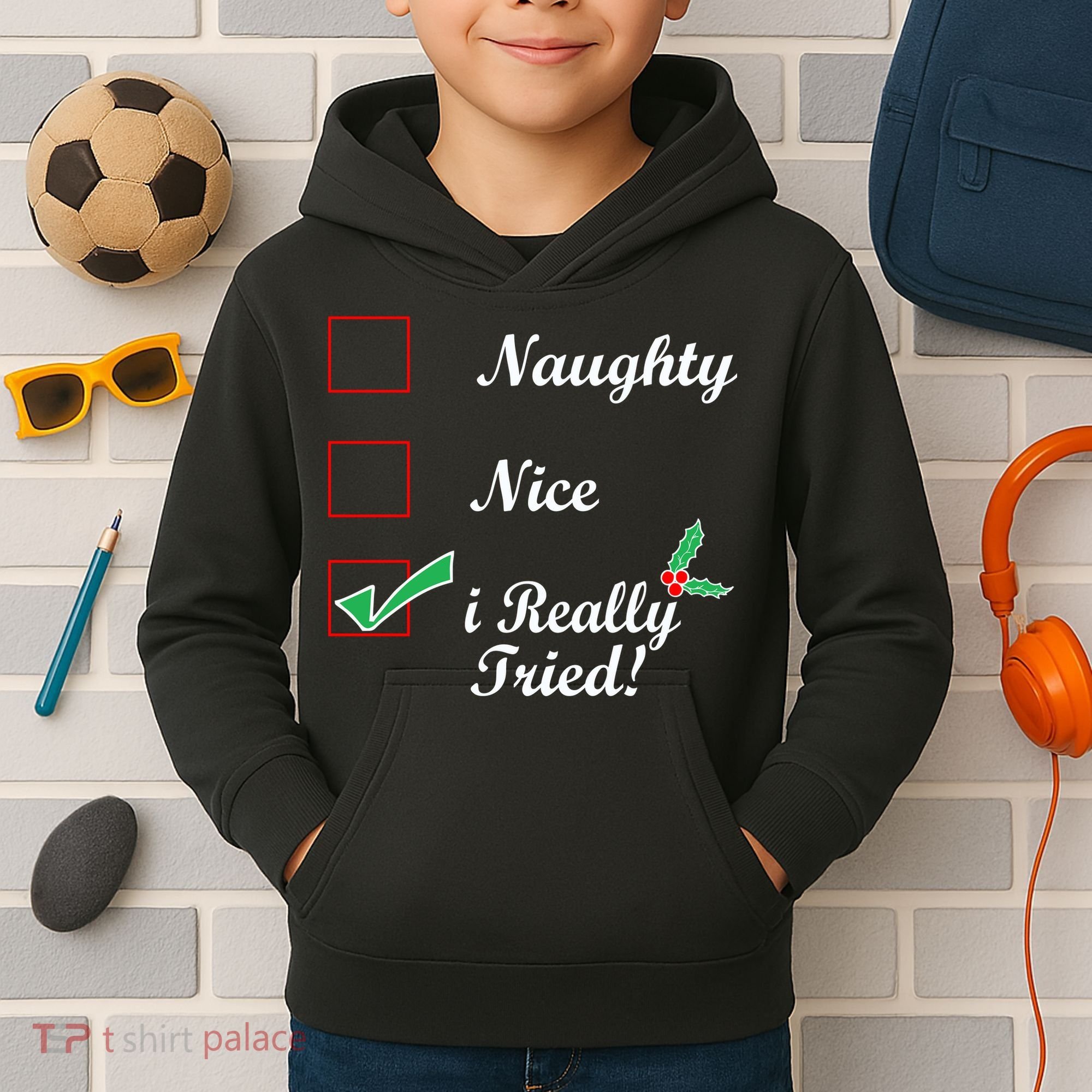 Naughty Nice I Really Tried Checklist Kids Hoodie
