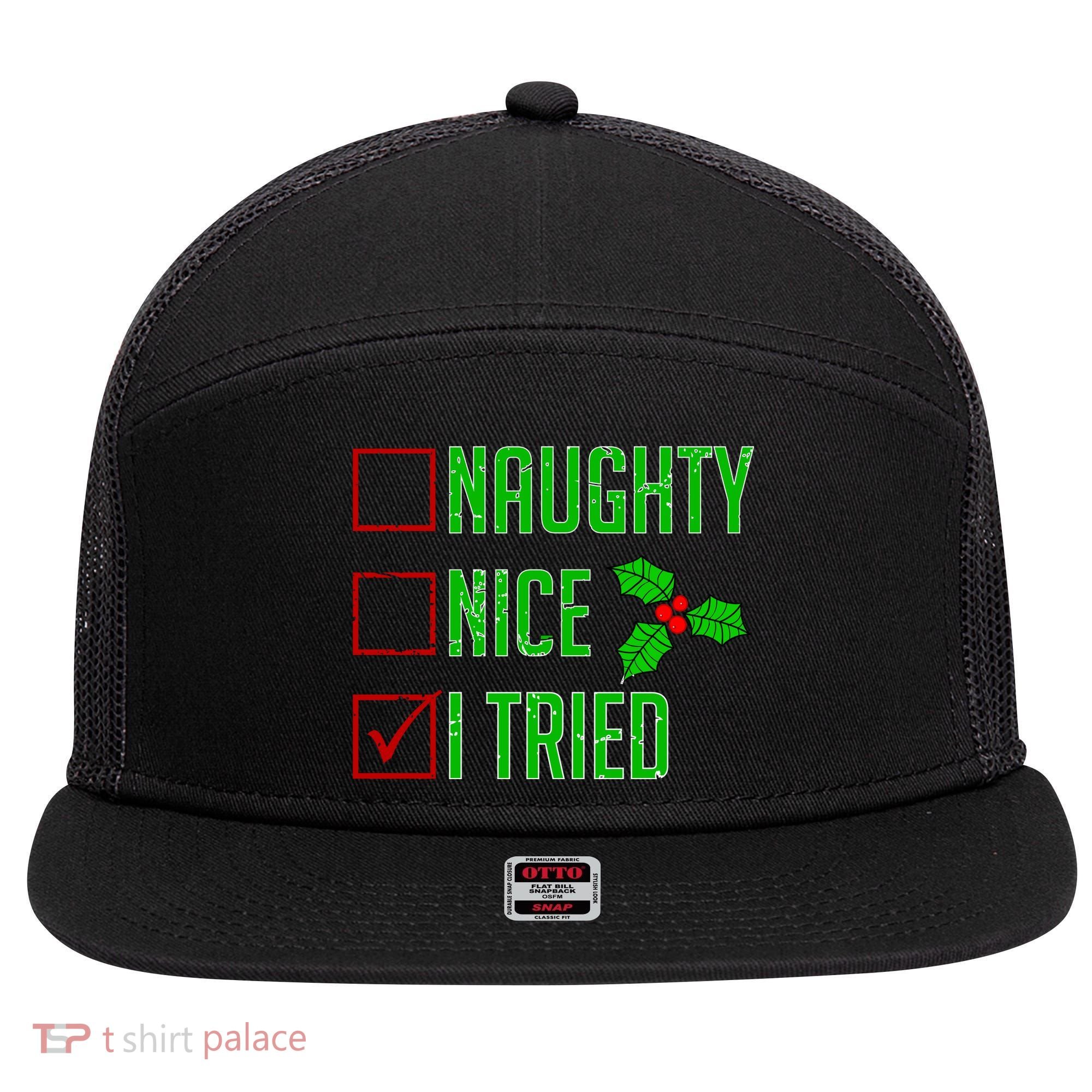 Naughty Nice I Tried Christmas 7 Panel Mesh Trucker Snapback Hat