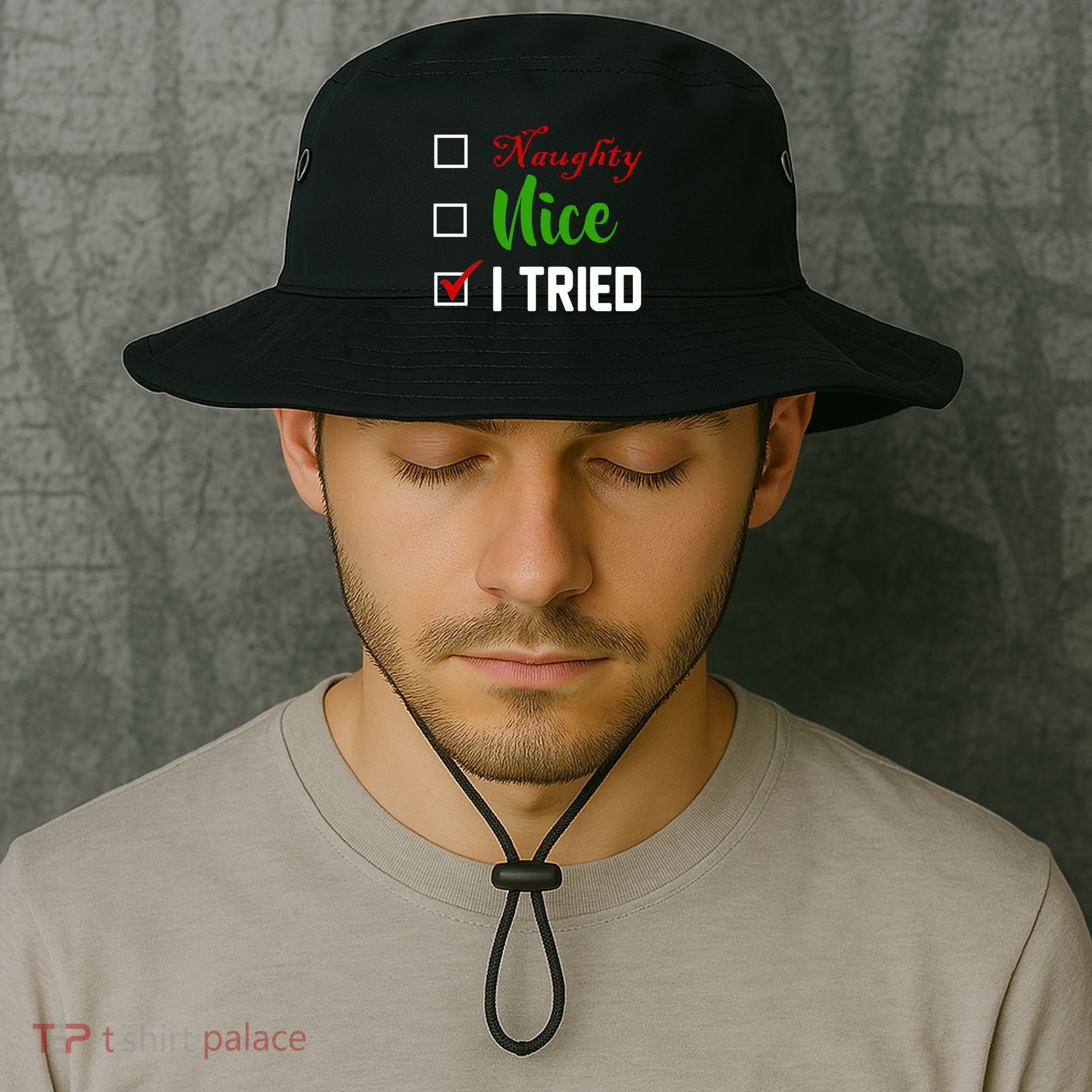 Naughty Nice I Tried Funny Xmas Bucket Hat