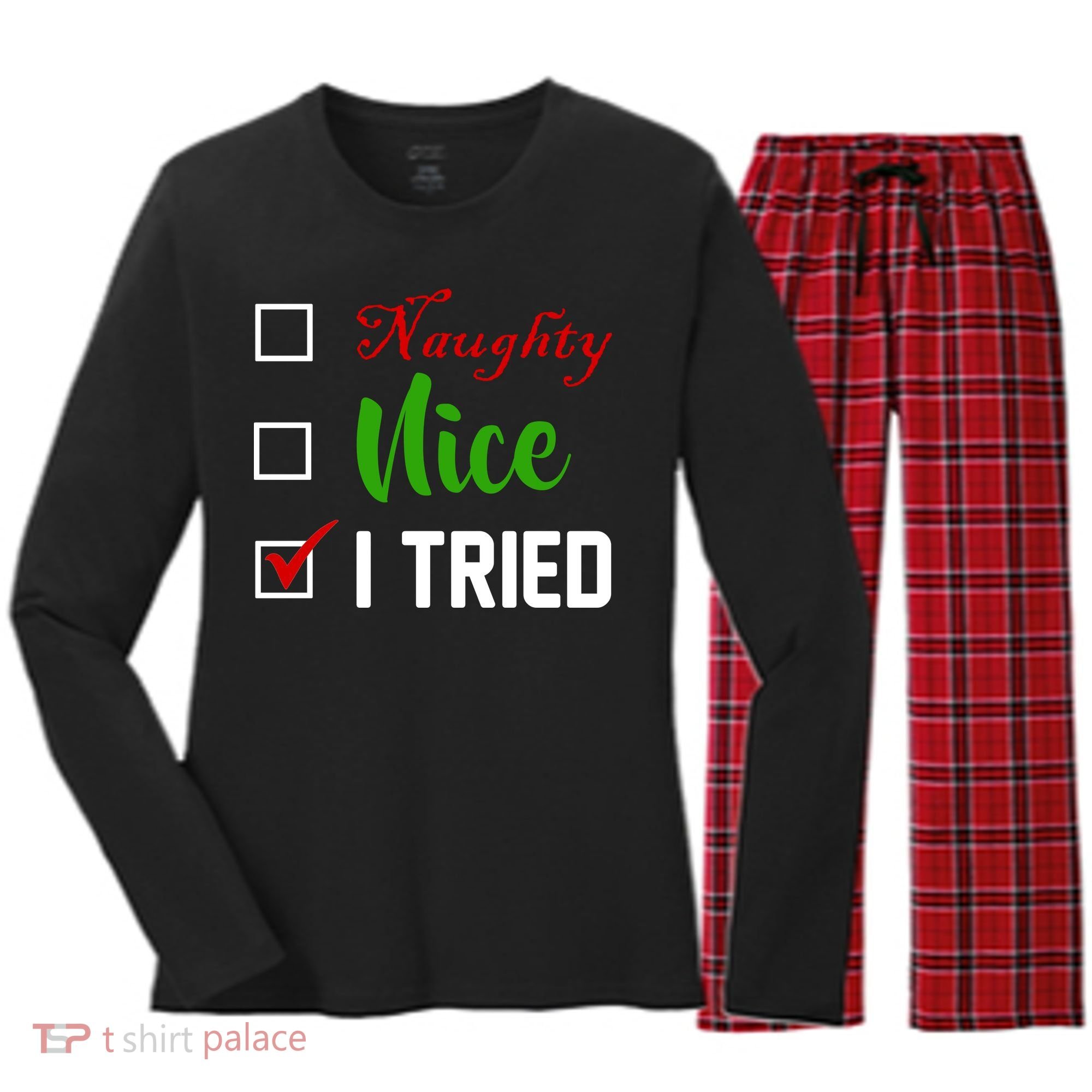 Naughty Nice I Tried Funny Xmas Women's Long Sleeve Flannel Pajama Set 