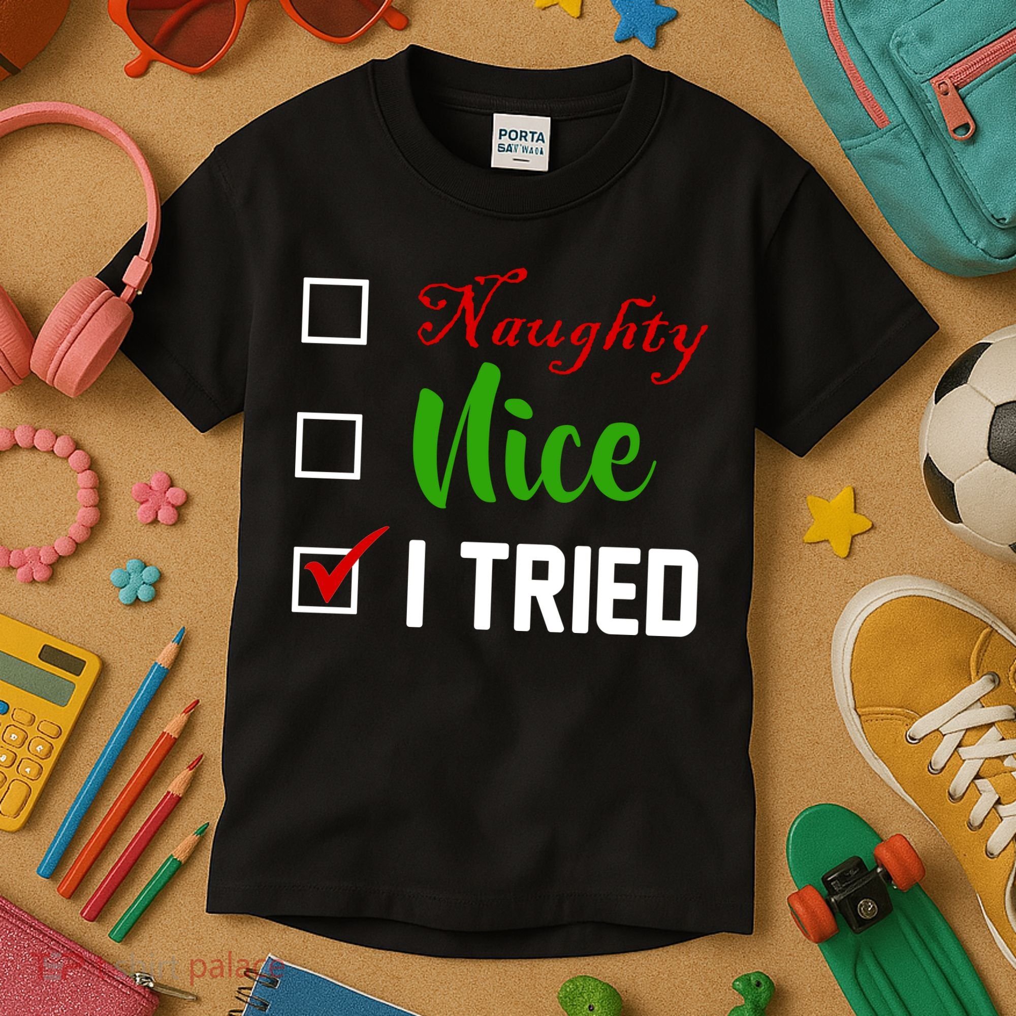 Naughty Nice I Tried Funny Xmas Kids T-Shirt