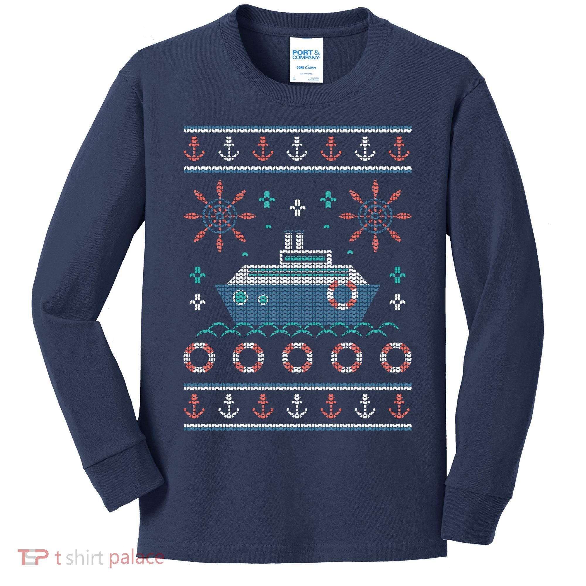 Nautical Ship Boat Ugly Christmas Sweater Kids Long Sleeve Shirt