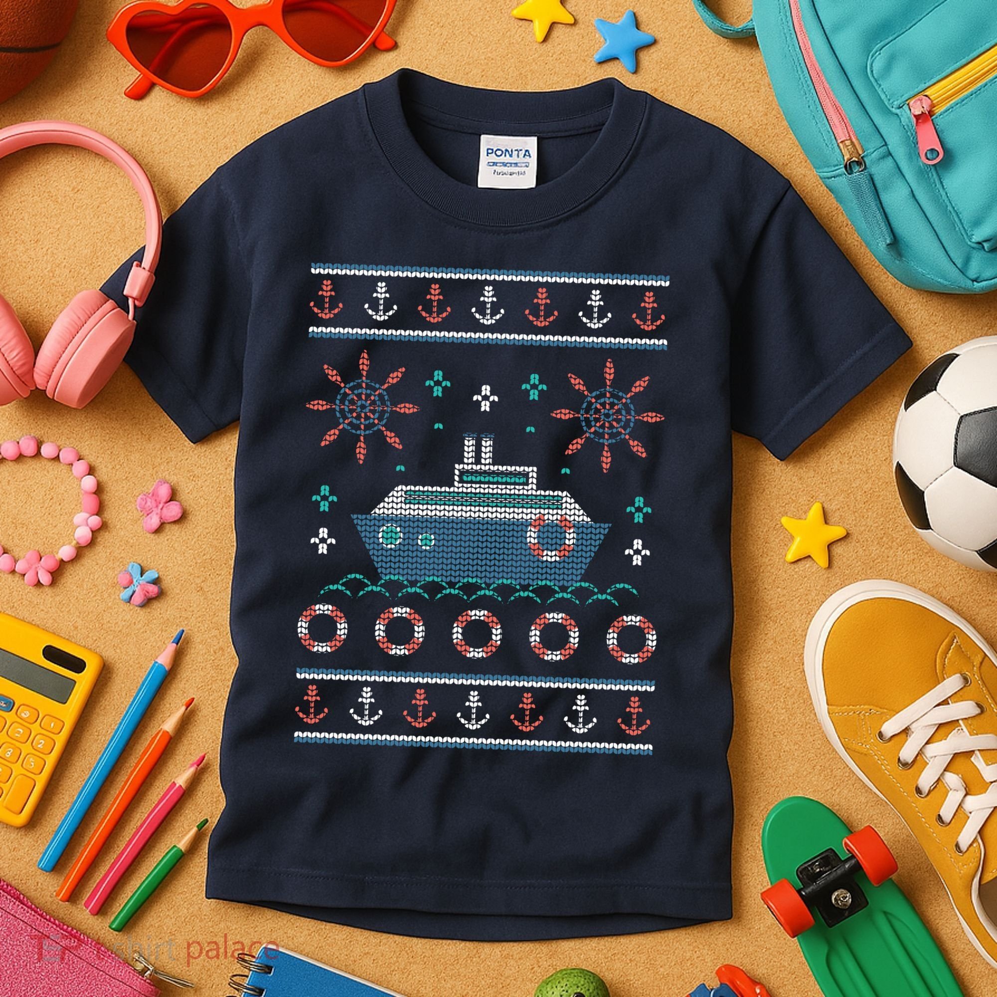 Nautical Ship Boat Ugly Christmas Sweater Kids T-Shirt
