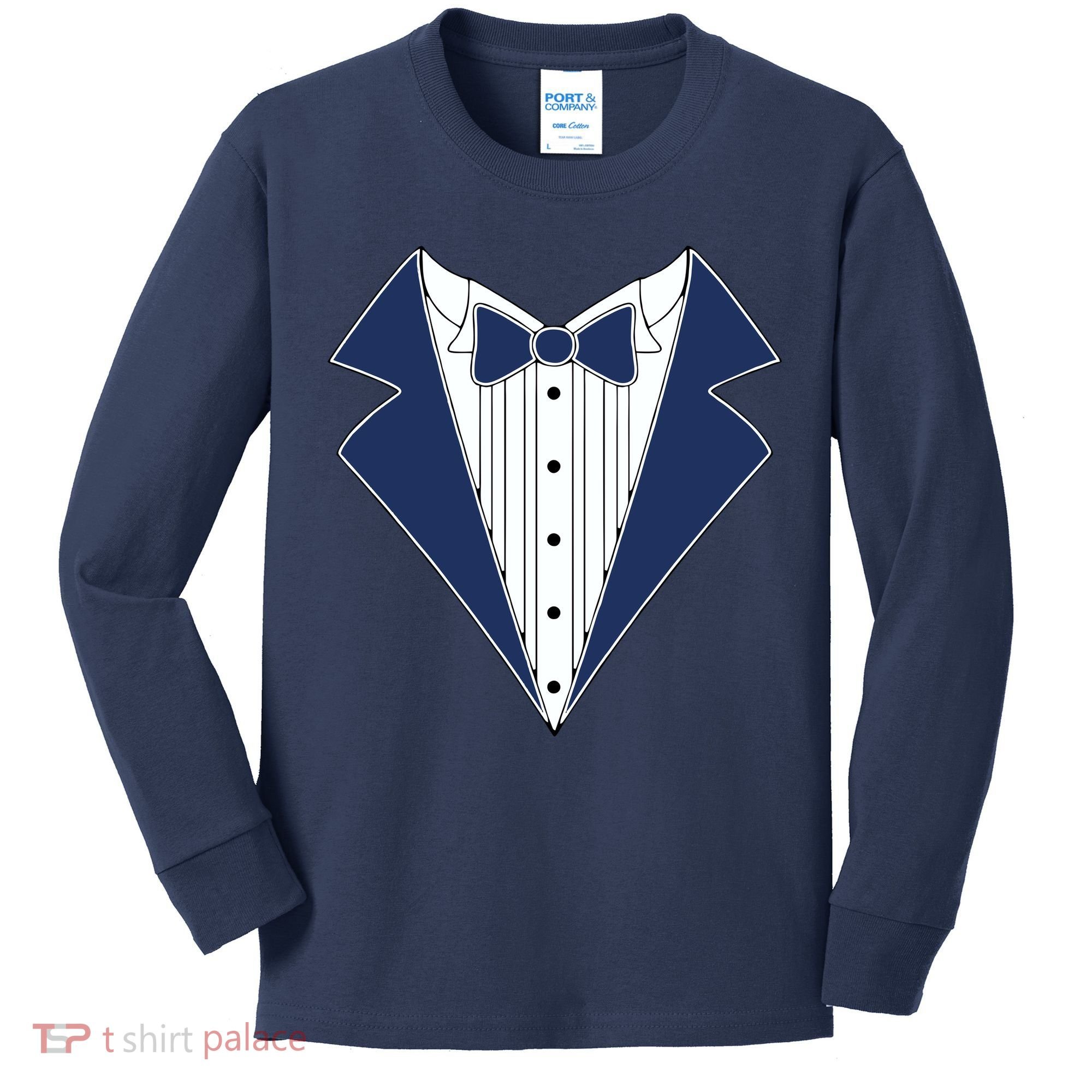 Navy Tux Tuxedo Kids Long Sleeve Shirt