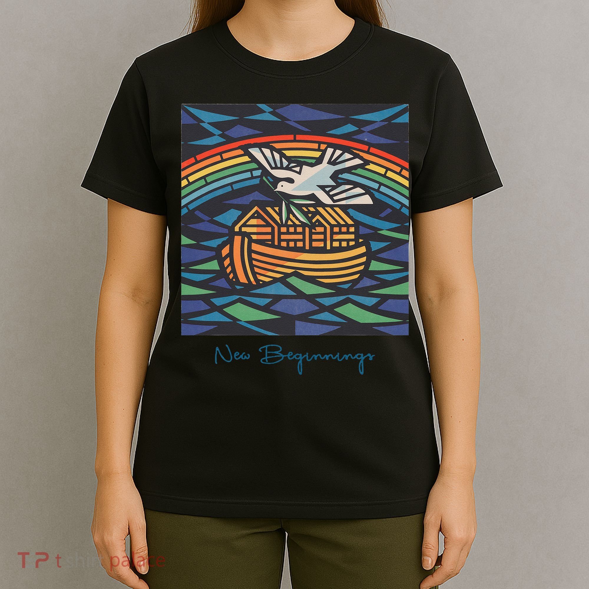 New Beginnings 1955 Noahs Ark Dove Of Peace Rainbow Art T-Shirt
