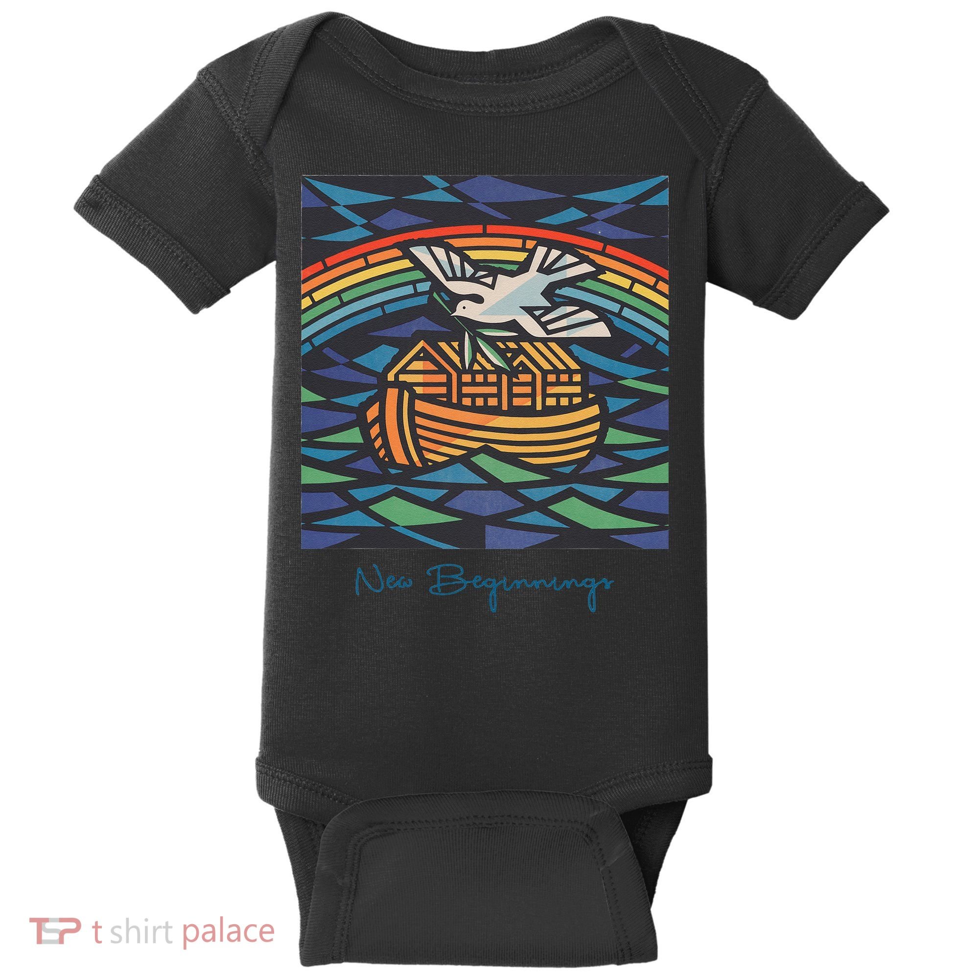 New Beginnings 1955 Noahs Ark Dove Of Peace Rainbow Art Baby Bodysuit