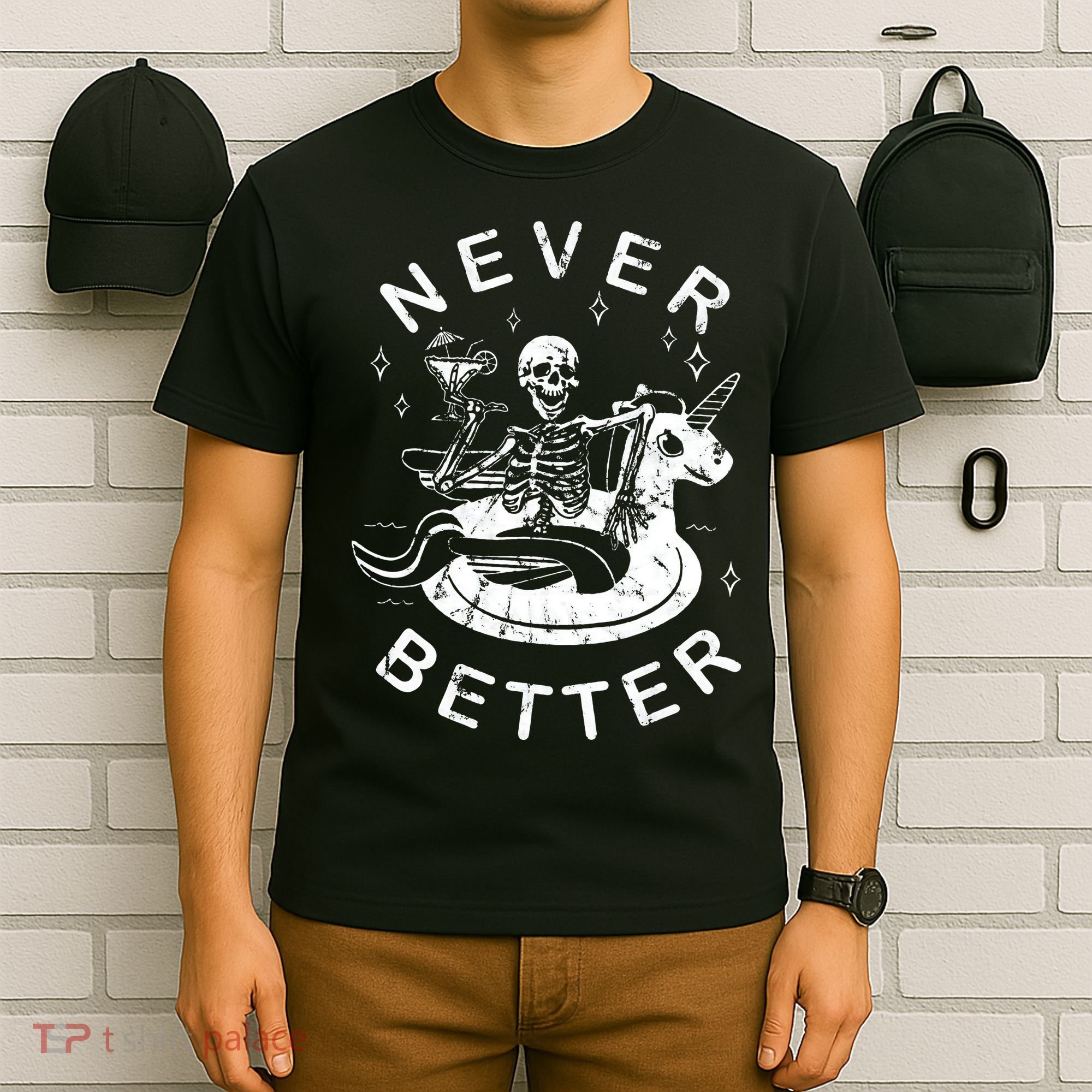 Never Better Chilling Skeleton Unicorn Swimming Float T-Shirt