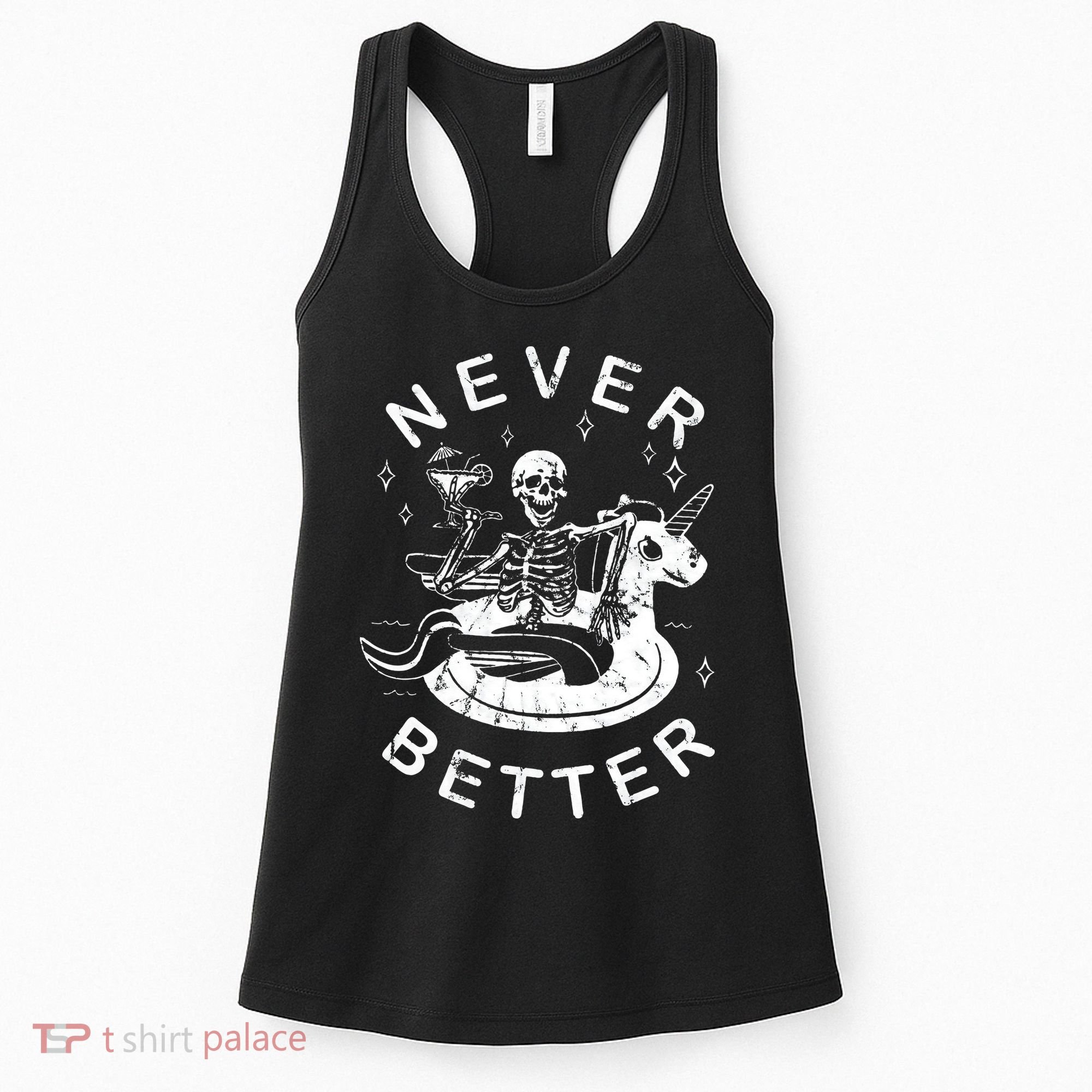 Never Better Chilling Skeleton Unicorn Swimming Float Women's Tank Top