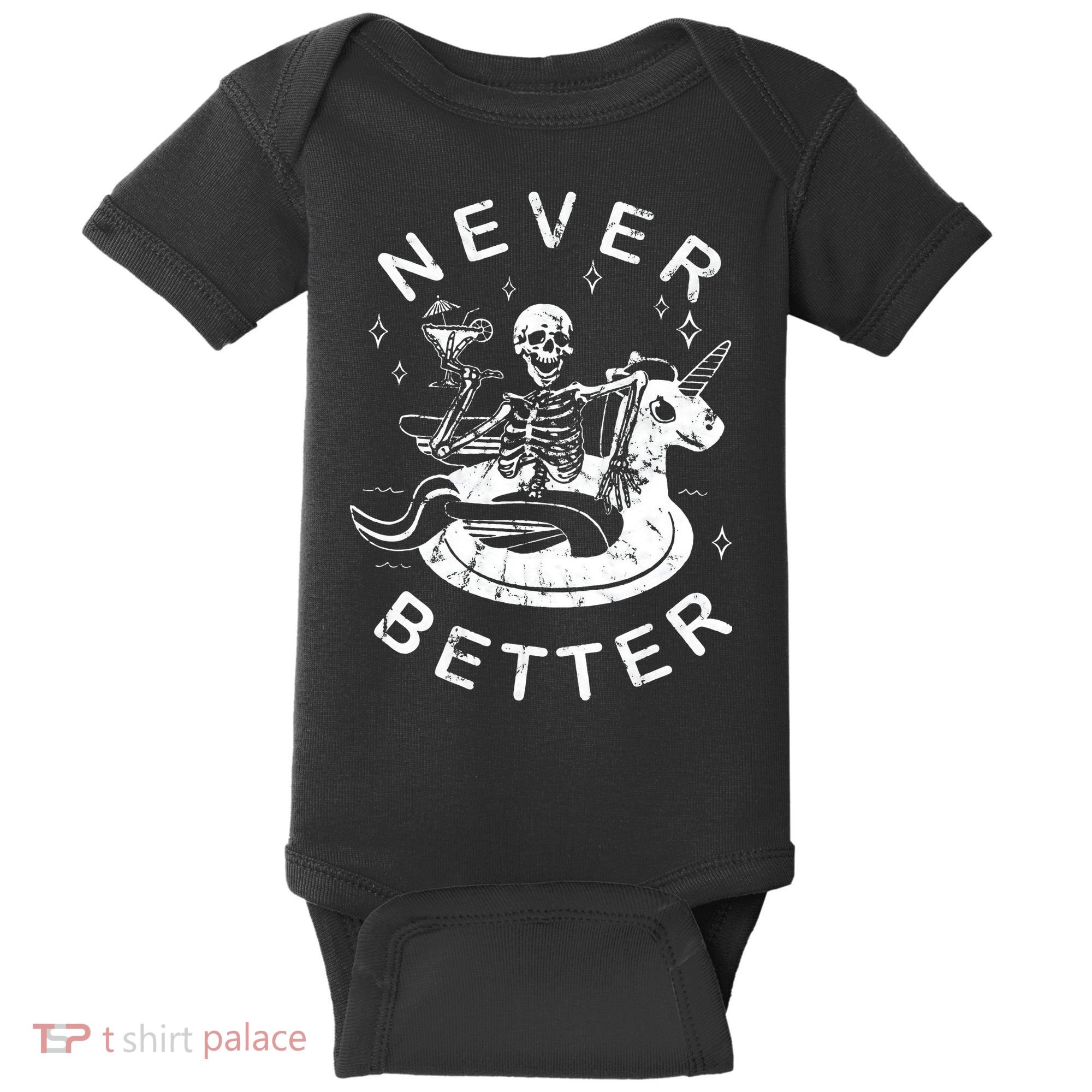 Never Better Chilling Skeleton Unicorn Swimming Float Baby Bodysuit