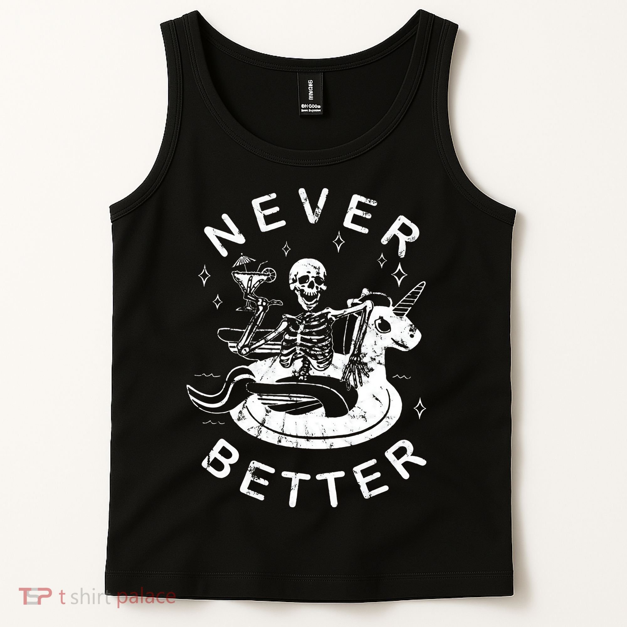 Never Better Chilling Skeleton Unicorn Swimming Float Tank Top