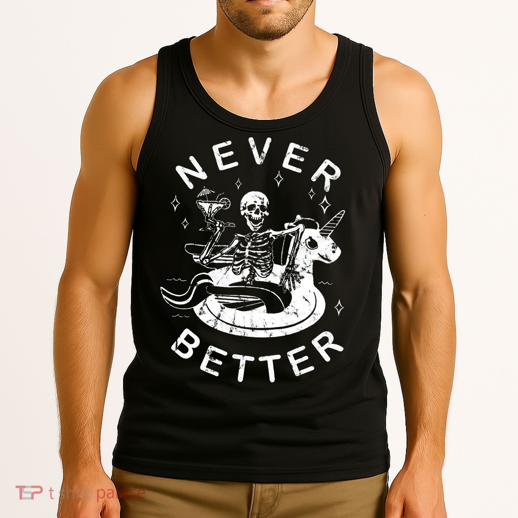 Never Better Chilling Skeleton Unicorn Swimming Float Tank Top