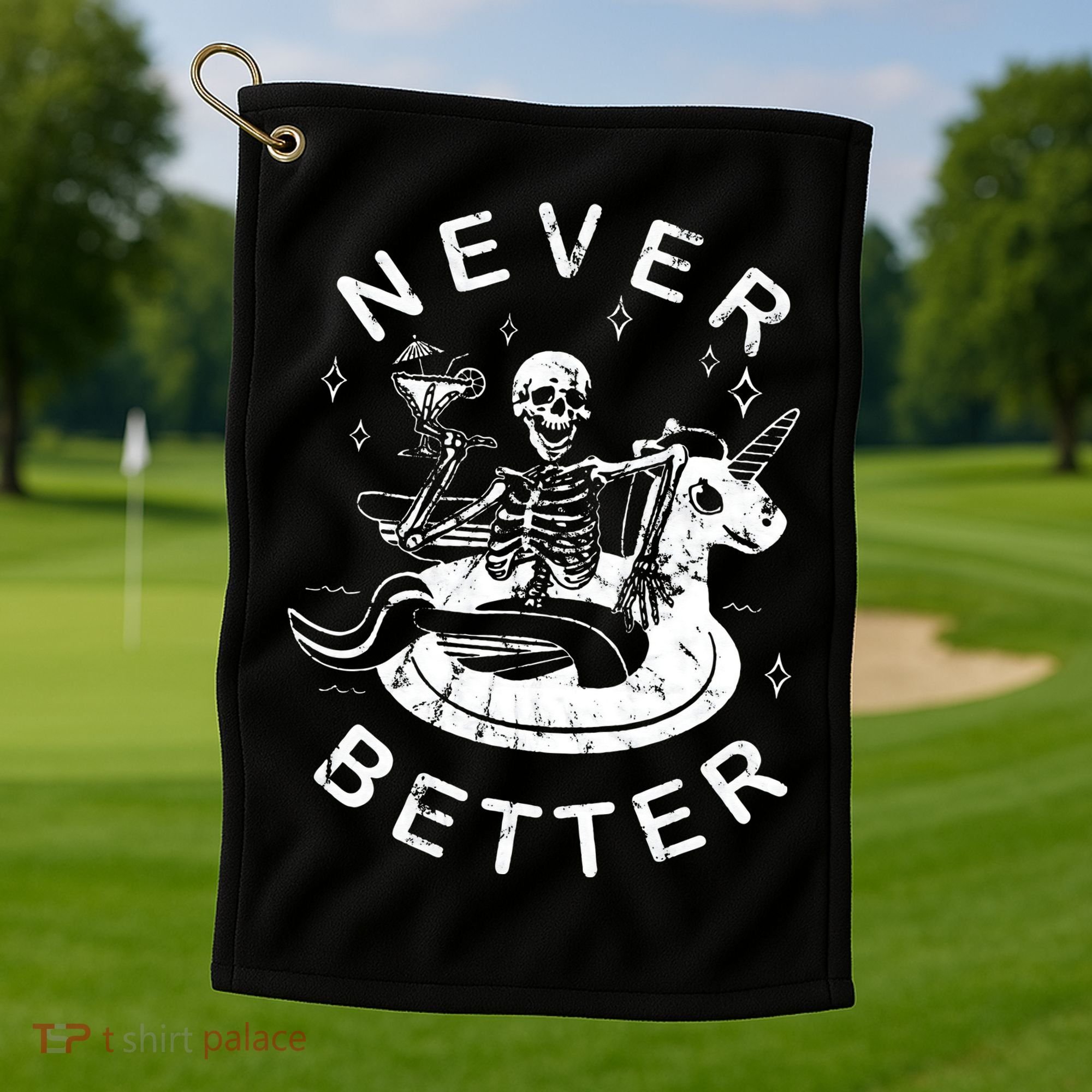 Never Better Chilling Skeleton Unicorn Swimming Float Golf Towel