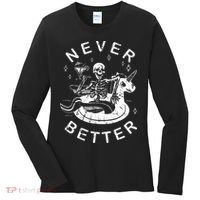 Never Better Chilling Skeleton Unicorn Swimming Float Women's Long Sleeve Shirt thumb 0