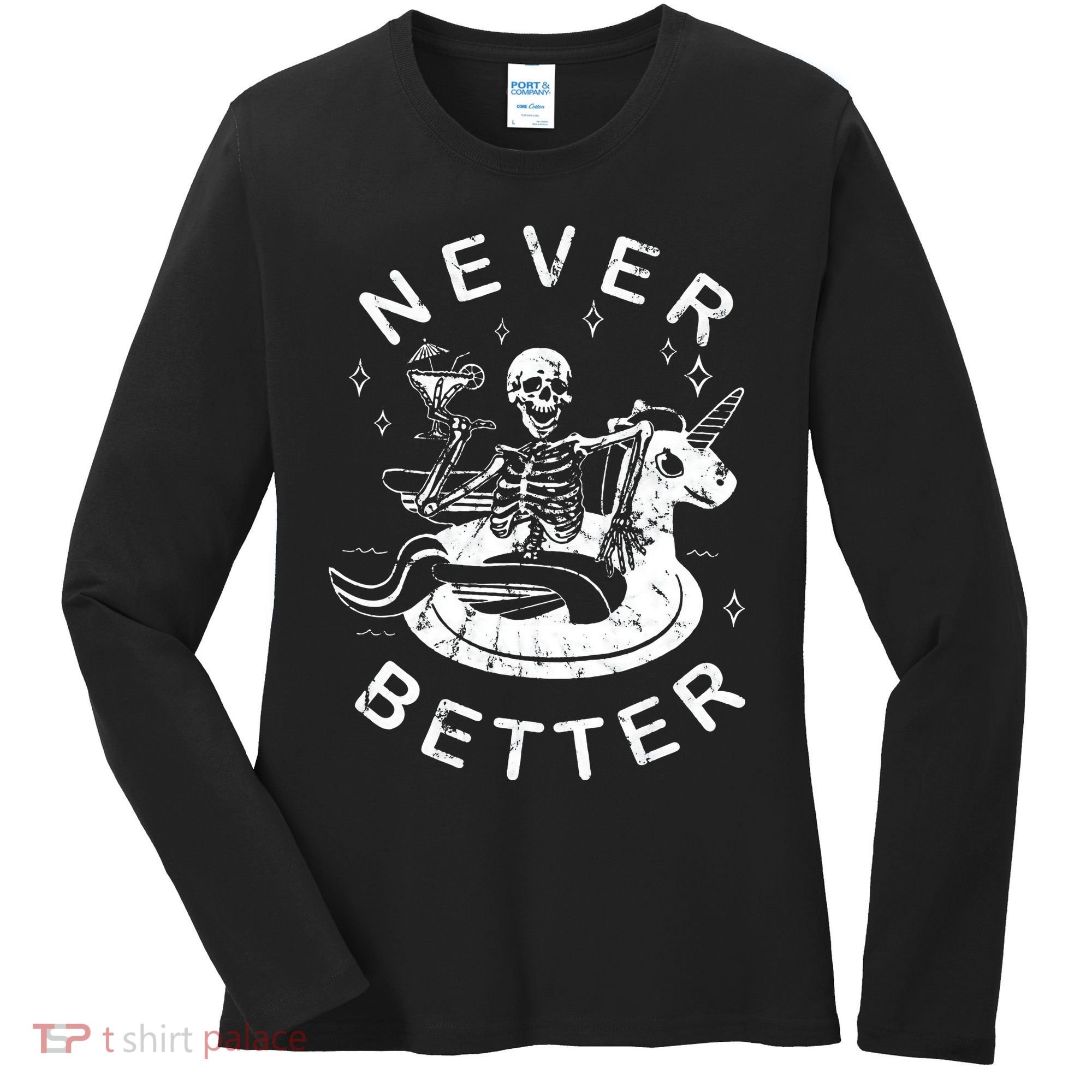Never Better Chilling Skeleton Unicorn Swimming Float Women's Long Sleeve Shirt