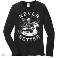 Never Better Chilling Skeleton Unicorn Swimming Float Women's Long Sleeve Shirt thumb 0