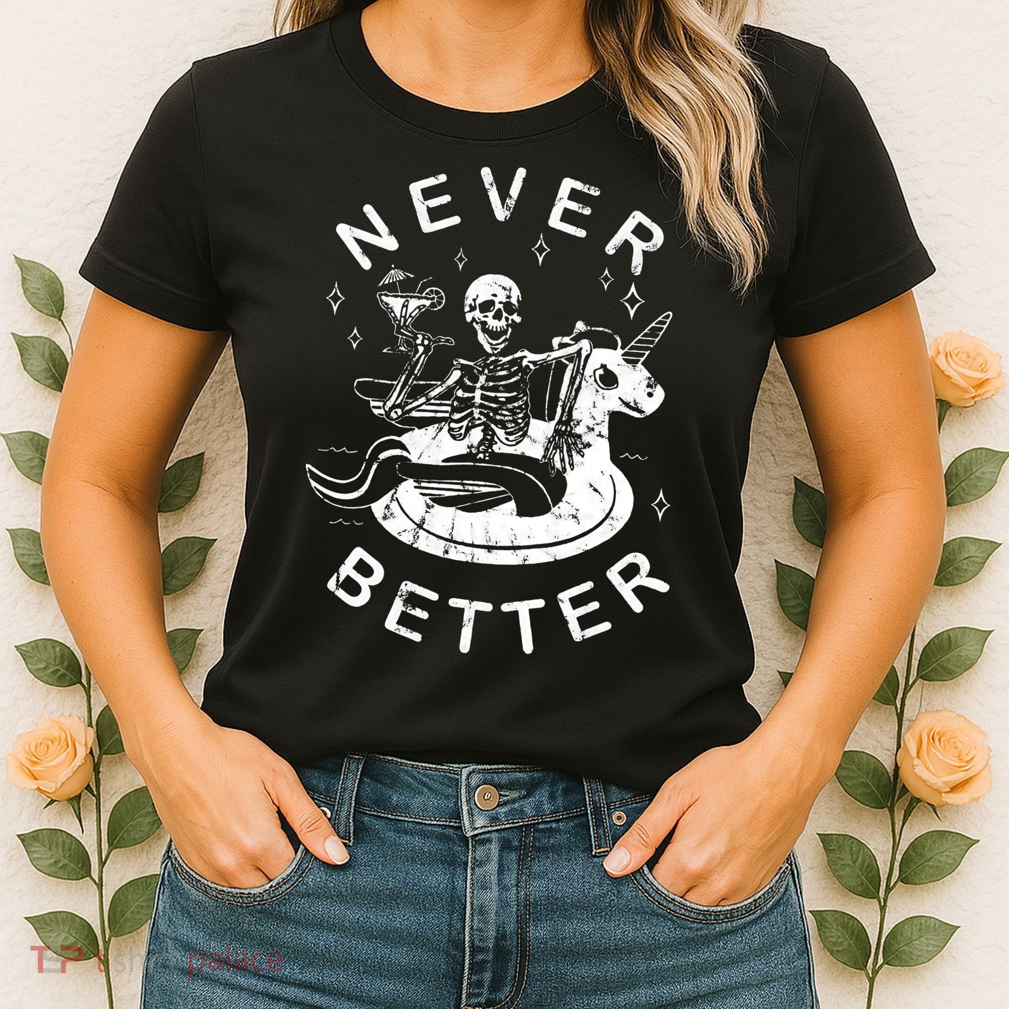 Never Better Chilling Skeleton Unicorn Swimming Float Women's T-Shirt