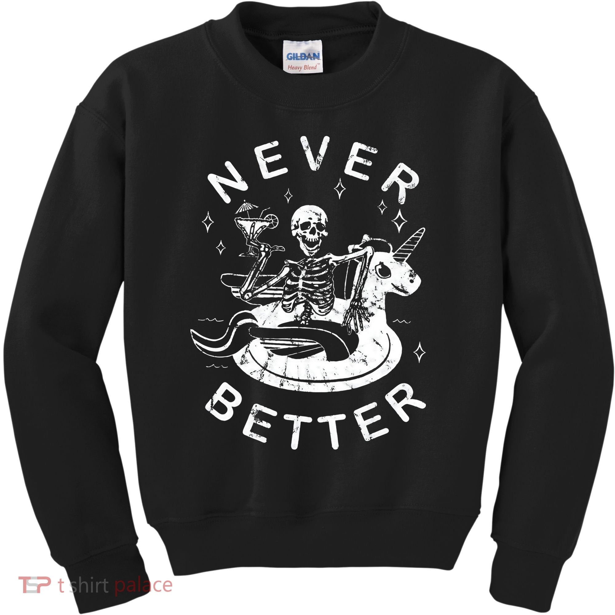 Never Better Chilling Skeleton Unicorn Swimming Float Kids Sweatshirt