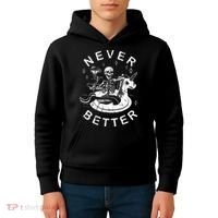Never Better Chilling Skeleton Unicorn Swimming Float Kids Hoodie thumb 4