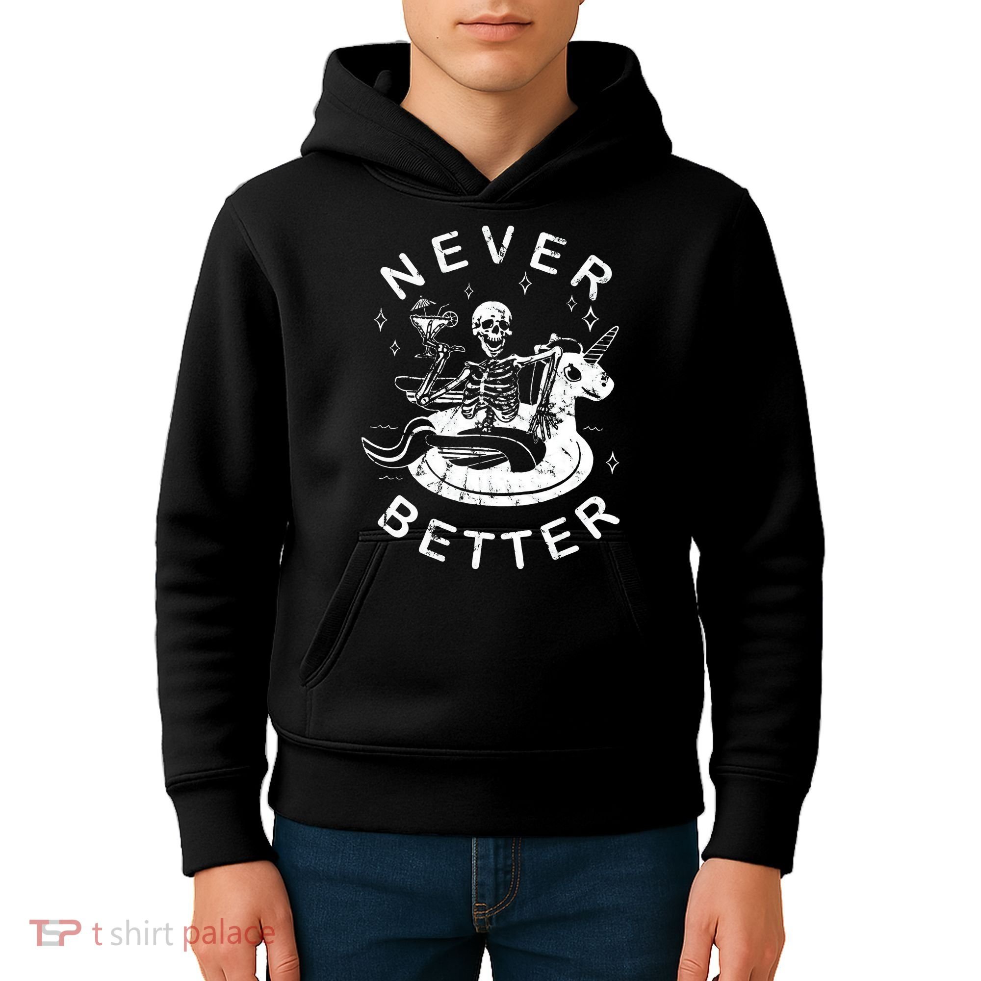 Never Better Chilling Skeleton Unicorn Swimming Float Kids Hoodie