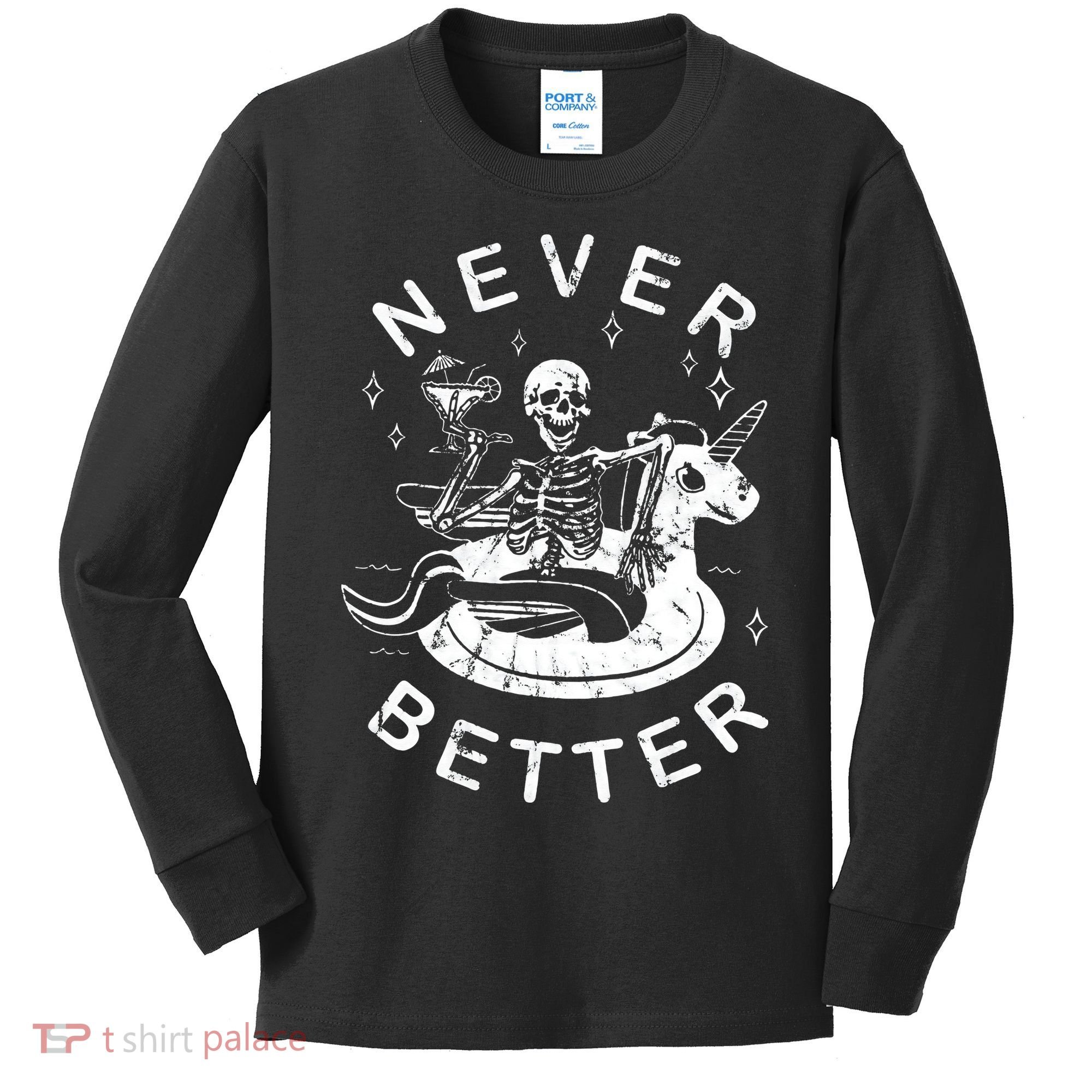 Never Better Chilling Skeleton Unicorn Swimming Float Kids Long Sleeve Shirt