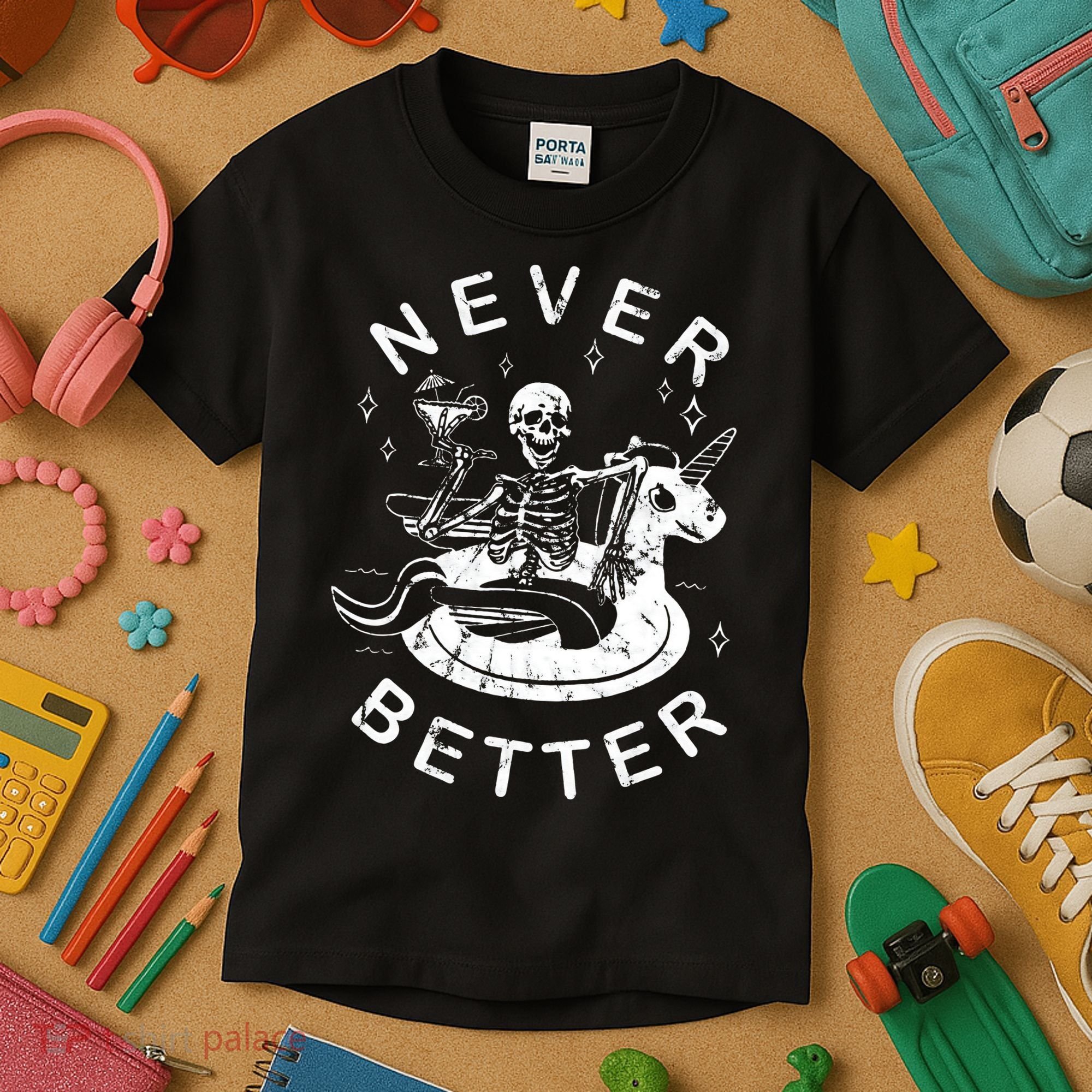 Never Better Chilling Skeleton Unicorn Swimming Float Kids T-Shirt