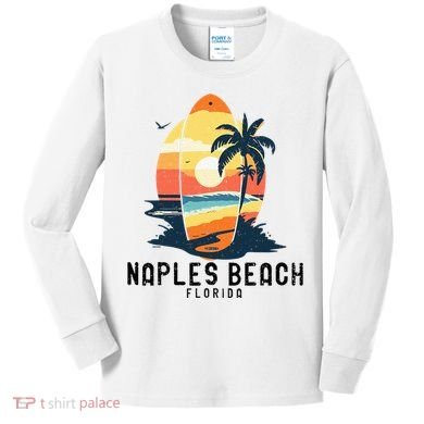 Naples Beach Florida Surfboard Waves Beach Kids Long Sleeve Shirt
