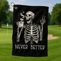 Never Better Skeleton Drinking Coffee Halloween Party Golf Towel thumb 1