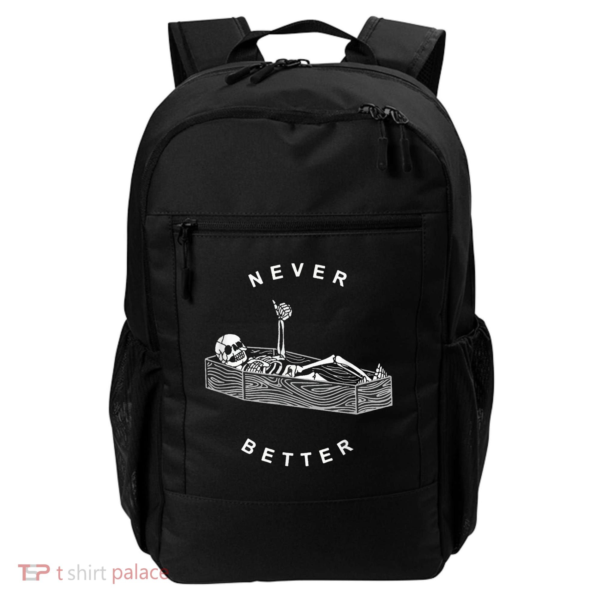 Never Better Skull Skeleton In The Coffin Halloween Backpack