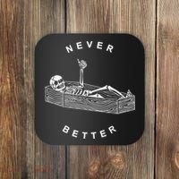 Never Better Skull Skeleton In The Coffin Halloween Coaster thumb 0
