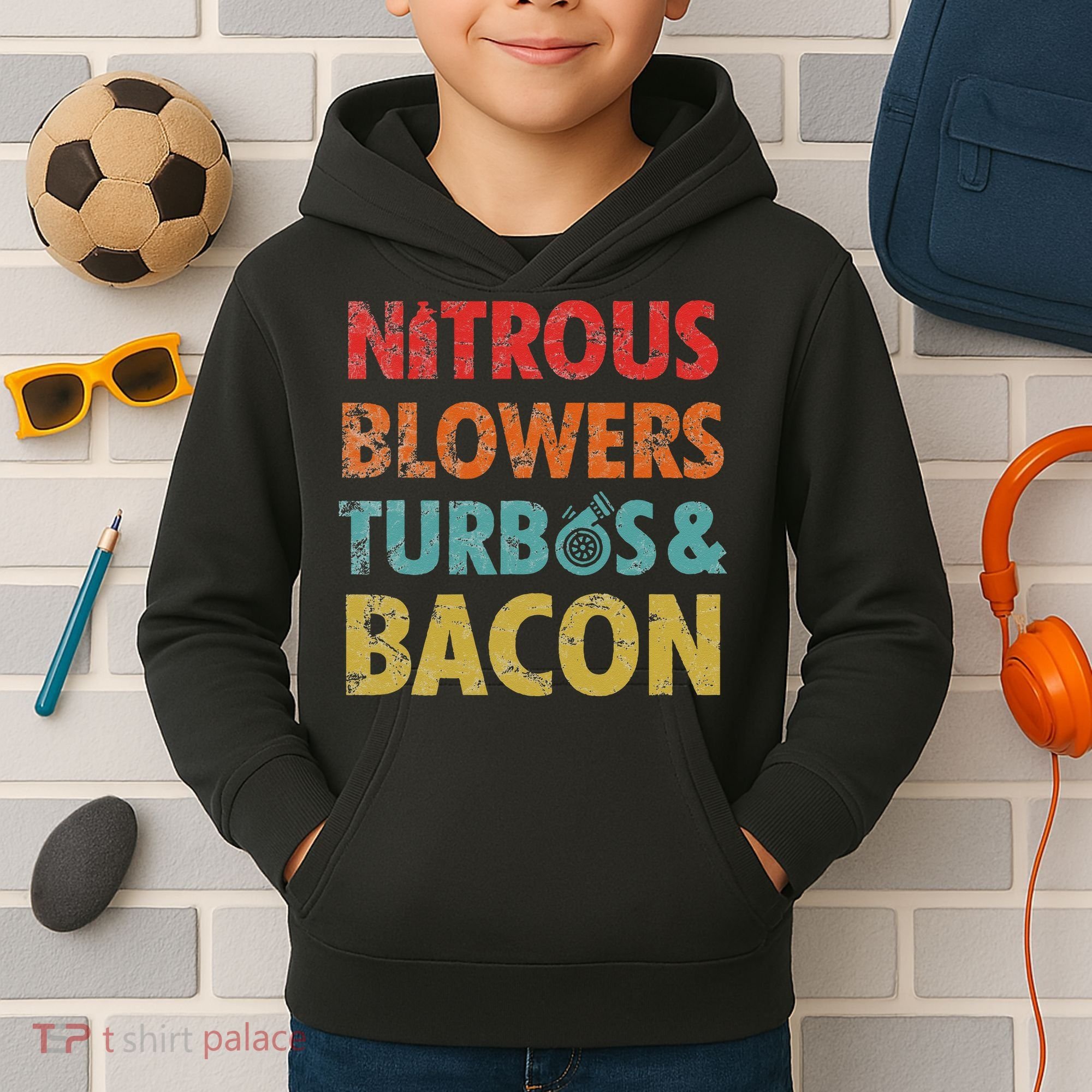 Nitrous Blowers Turbos And Bacon Kids Hoodie