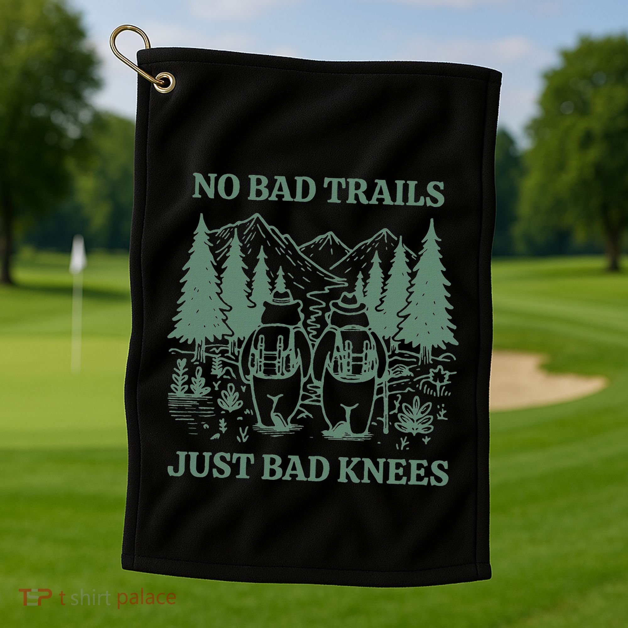 No Bad Trails Just Bad Knees Retro Hiking Bears Funny Gift Golf Towel