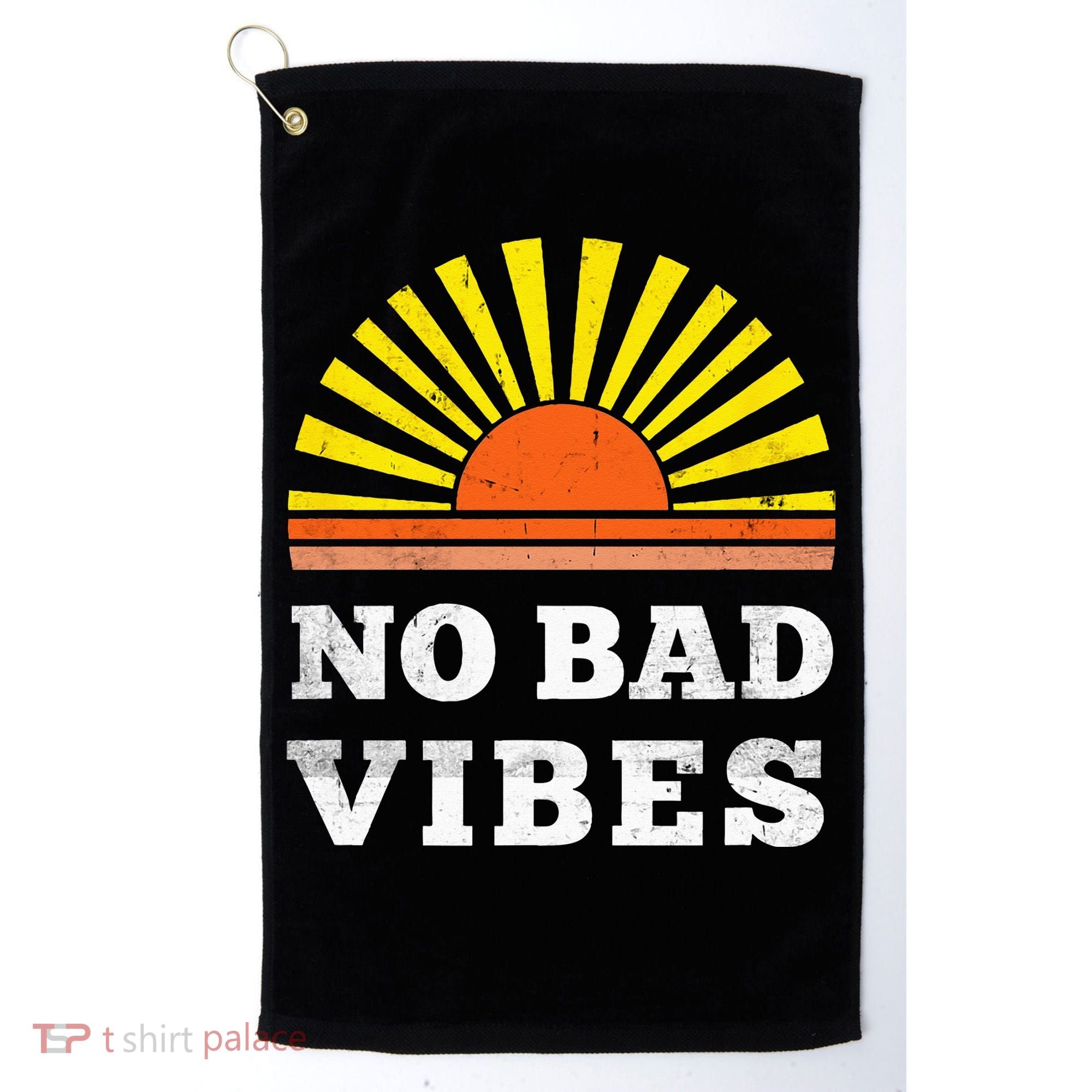No Bad Vibes Retro Summer Sunset Think Positive Wellbeing Golf Towel