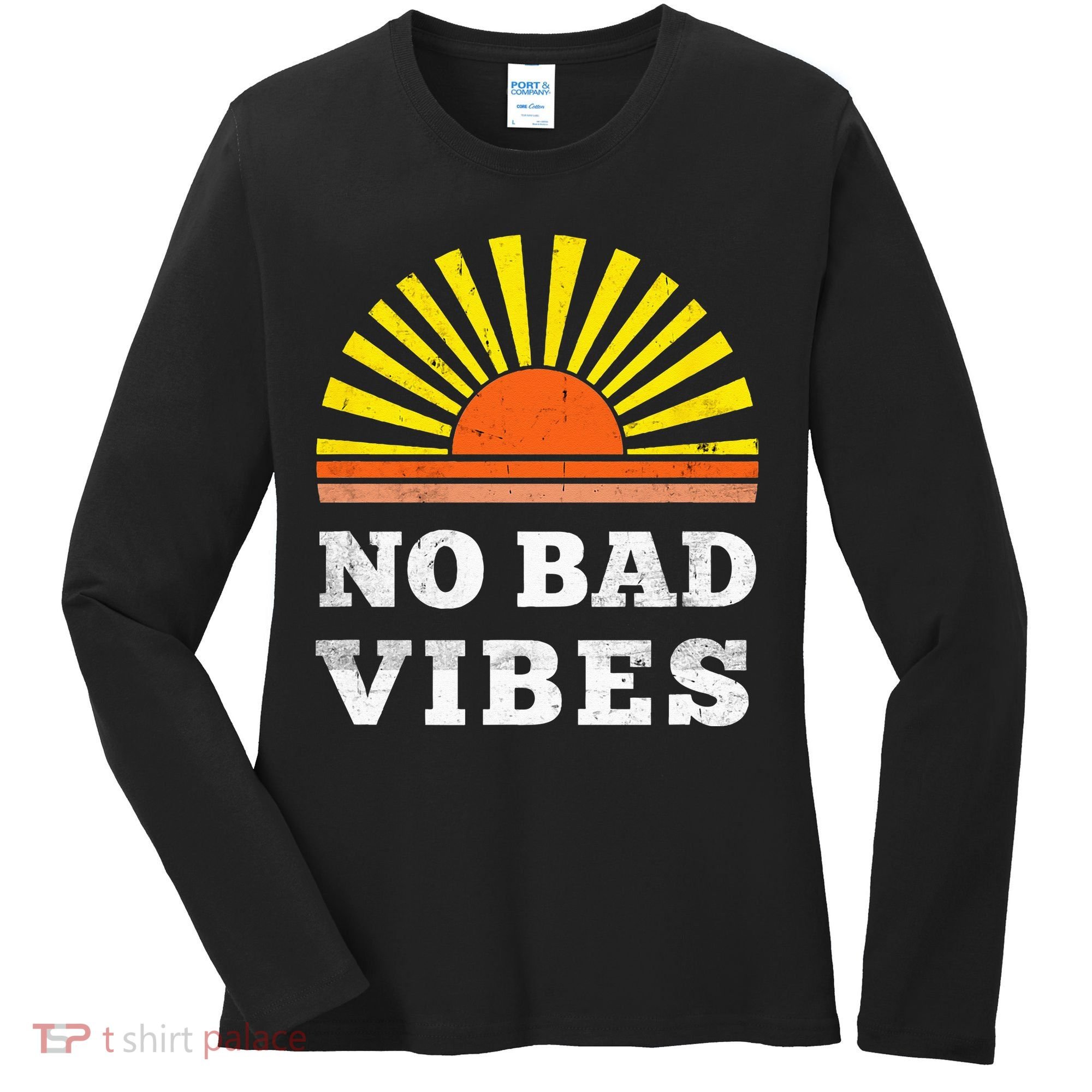 No Bad Vibes Retro Summer Sunset Think Positive Wellbeing Women's Long Sleeve Shirt