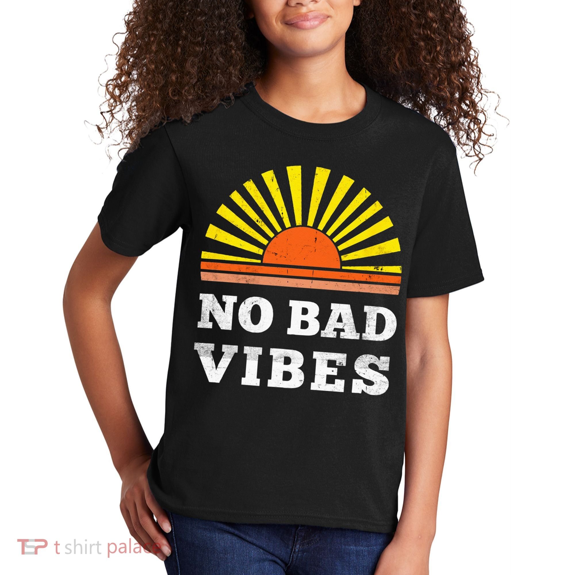 No Bad Vibes Retro Summer Sunset Think Positive Wellbeing Kids T-Shirt