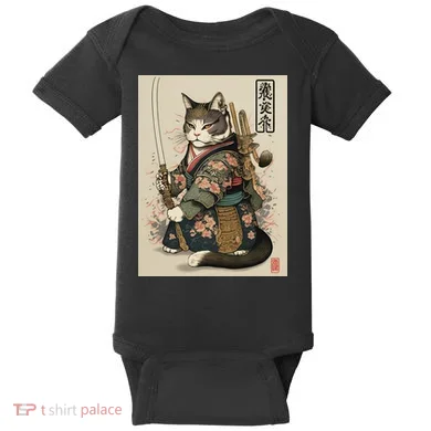 Ninja Cat Anime Style Samurai Cat Baby Bodysuit