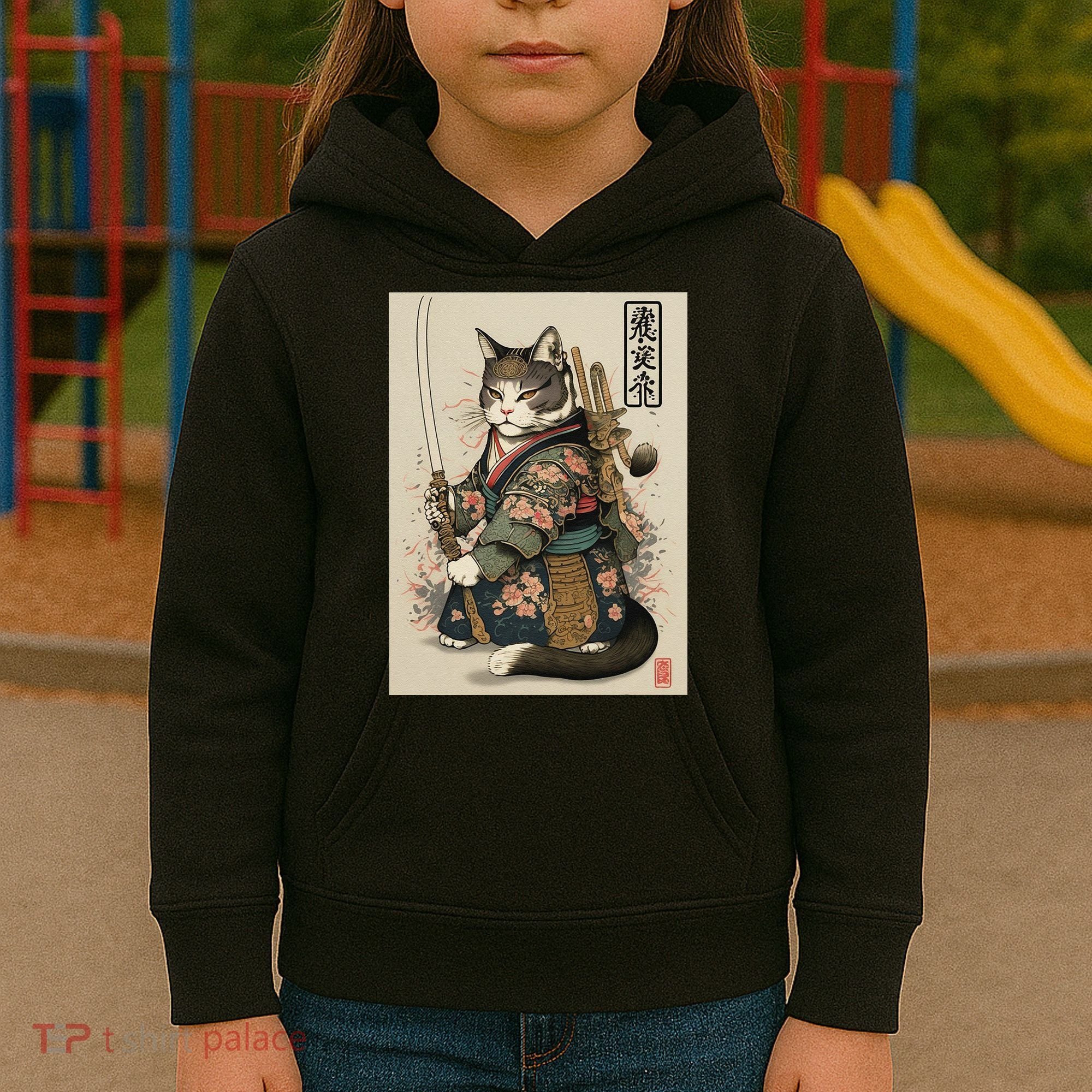 Ninja Cat Anime Style Samurai Cat Kids Hoodie