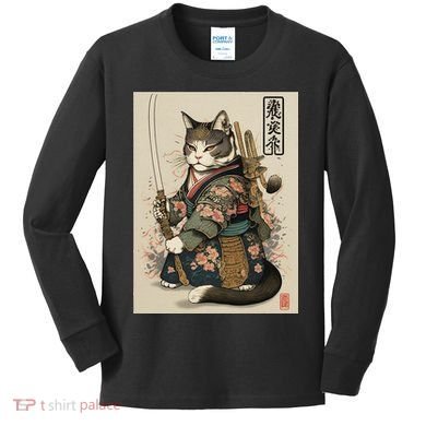Ninja Cat Anime Style Samurai Cat Kids Long Sleeve Shirt