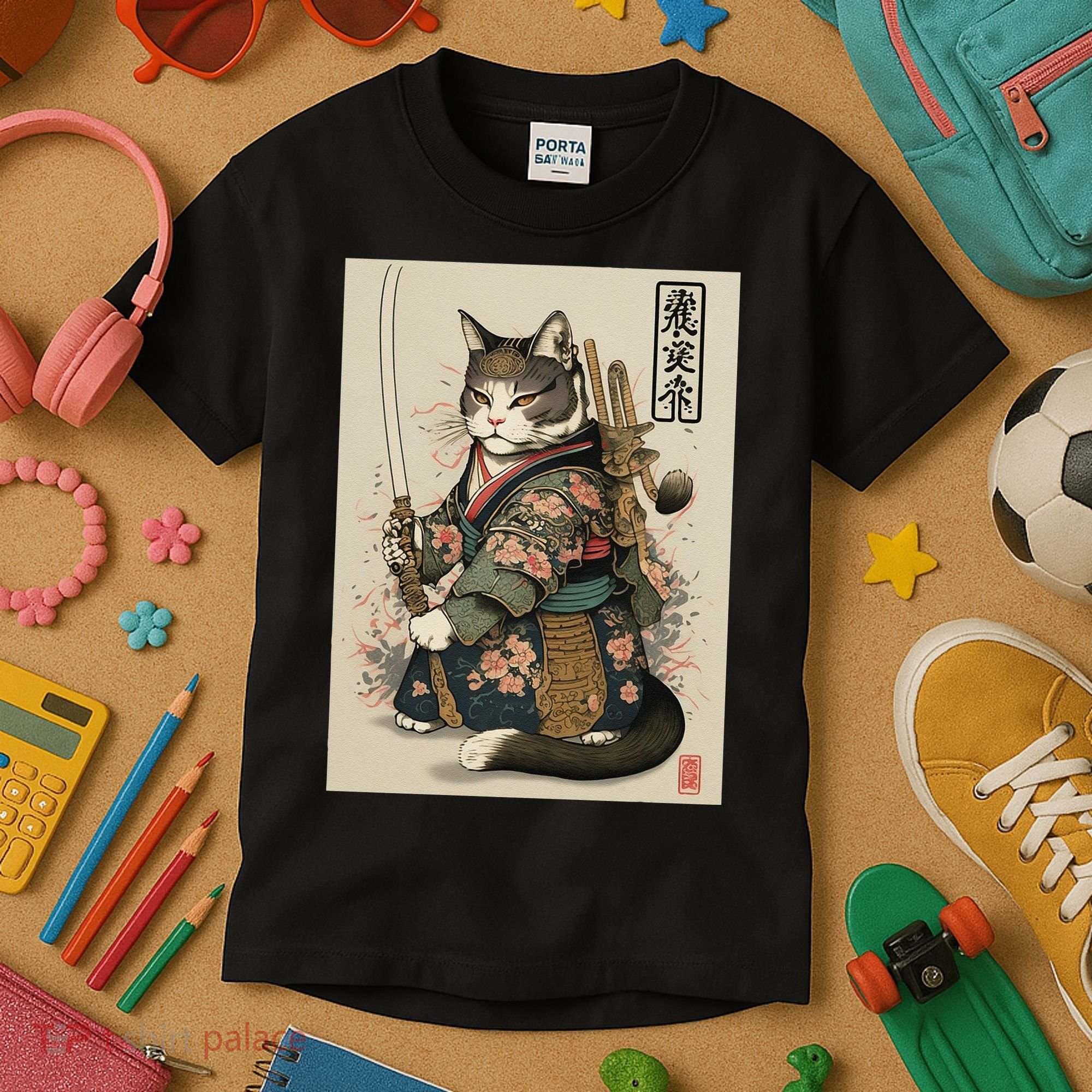 Ninja Cat Anime Style Samurai Cat Kids T-Shirt