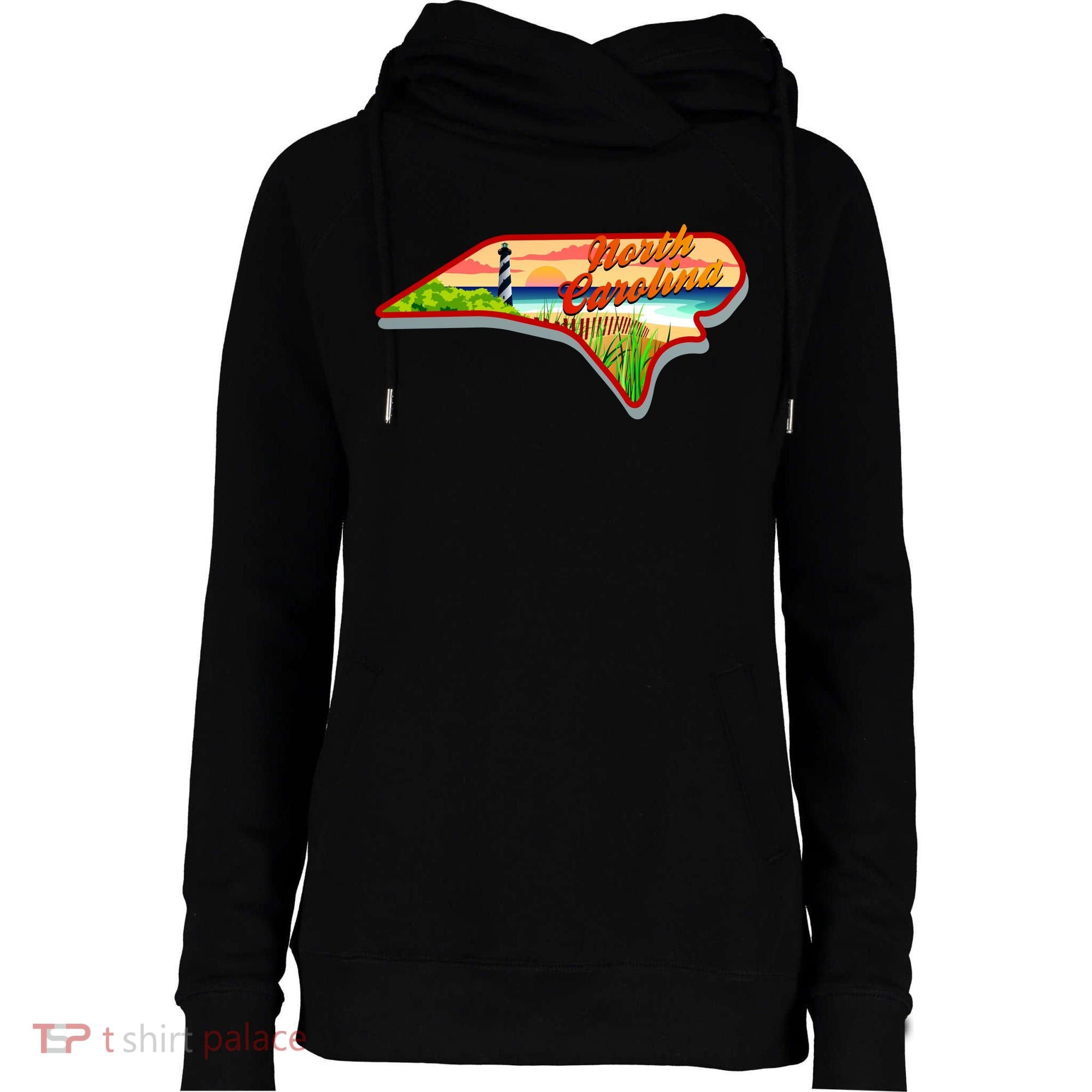 North Carolina Cartoon Illustration Womens Funnel Neck Pullover Hood