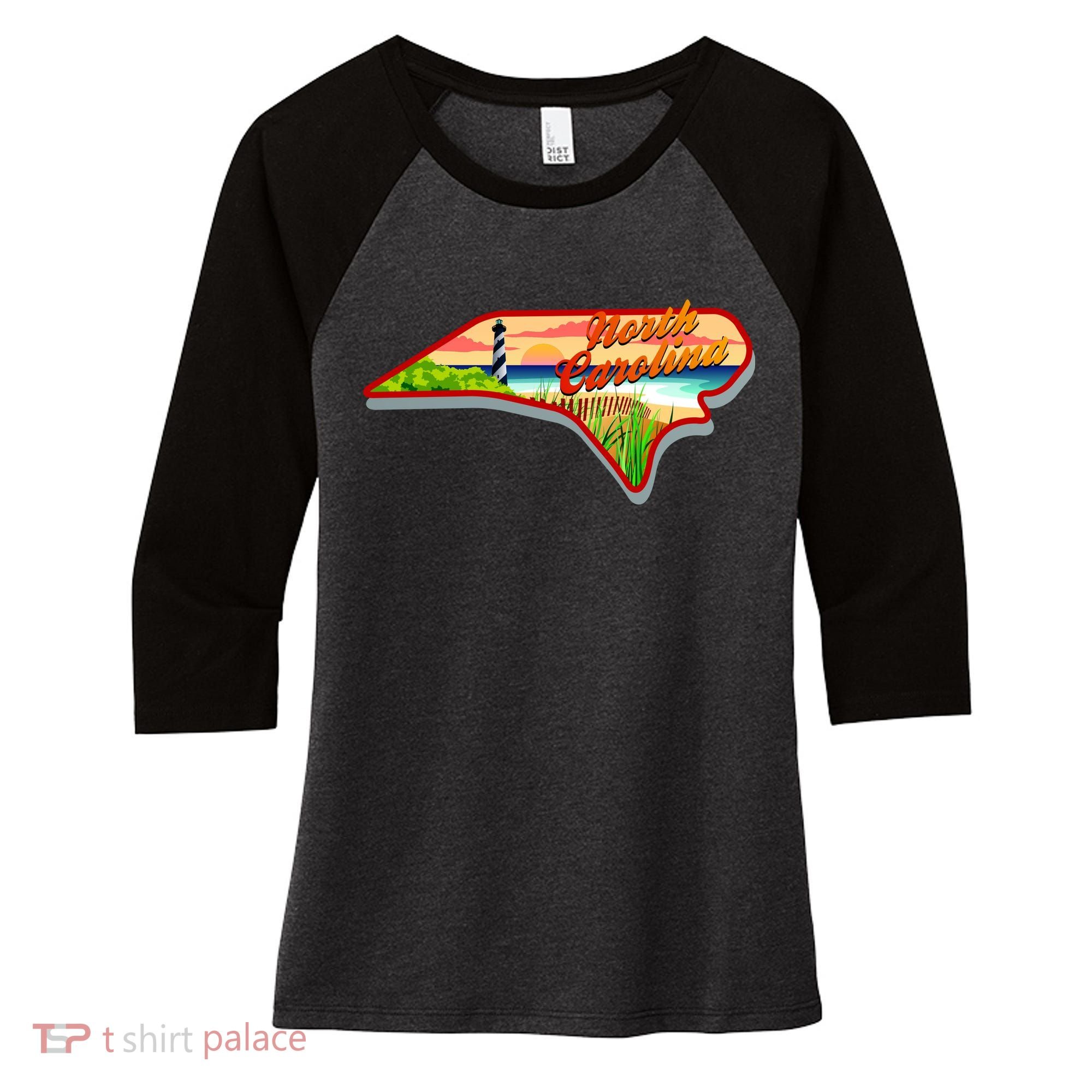 North Carolina Cartoon Illustration Women's Tri-Blend 3/4-Sleeve Raglan Shirt
