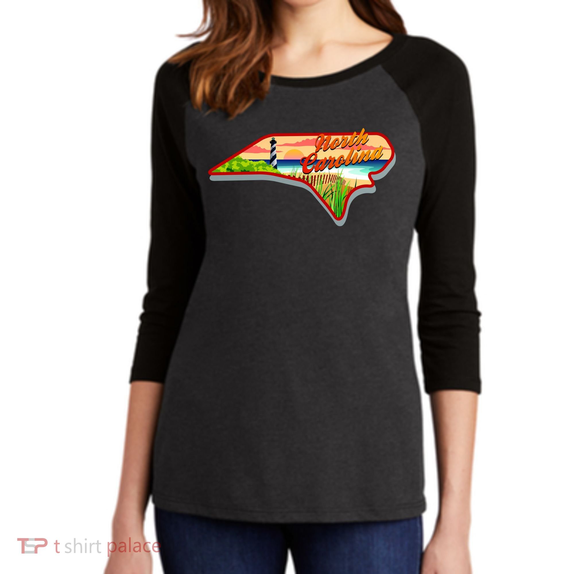 North Carolina Cartoon Illustration Women's Tri-Blend 3/4-Sleeve Raglan Shirt