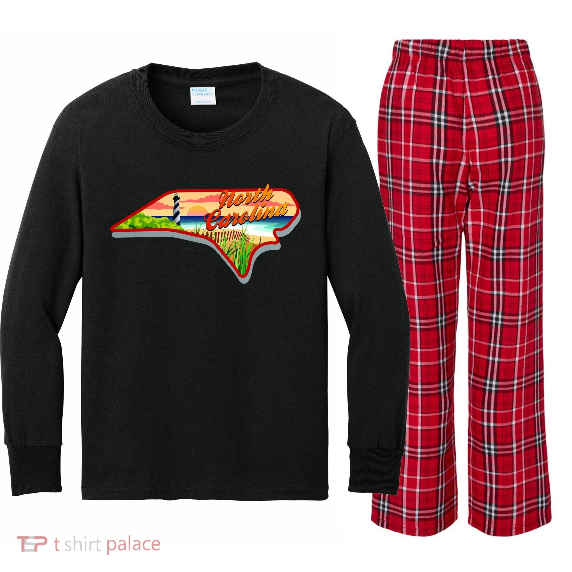 North Carolina Cartoon Illustration Kids Long Sleeve Plaid Pajama Set